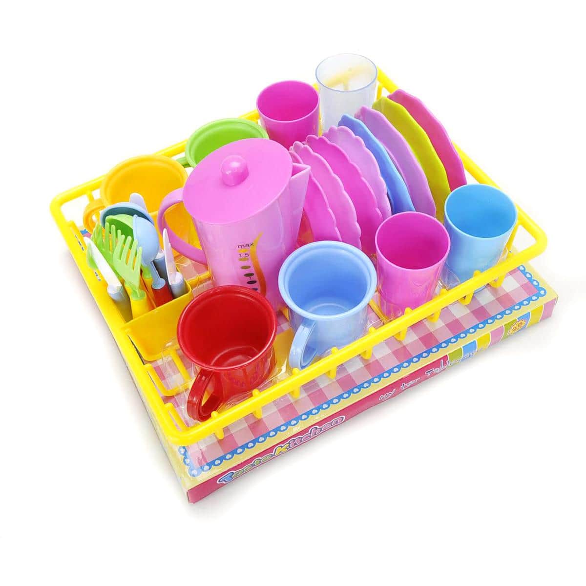 JuzToys - 27pcs Pretend Play Kitchen Accessories Dishes Toys – Play Dishes Set with Dish Rack Pretend Kitchen Playset, Pink/Yellow - Multi