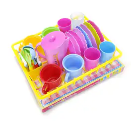 JuzToys - 27pcs Pretend Play Kitchen Accessories Dishes Toys – Play Dishes Set with Dish Rack Pretend Kitchen Playset, Pink/Yellow - Multi