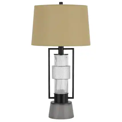 Front. Manhattan Lane - Table Lamp with LED Light, Burlap Shade, 31 Inch Lantern Base - Matte Black, Gray, Brown.