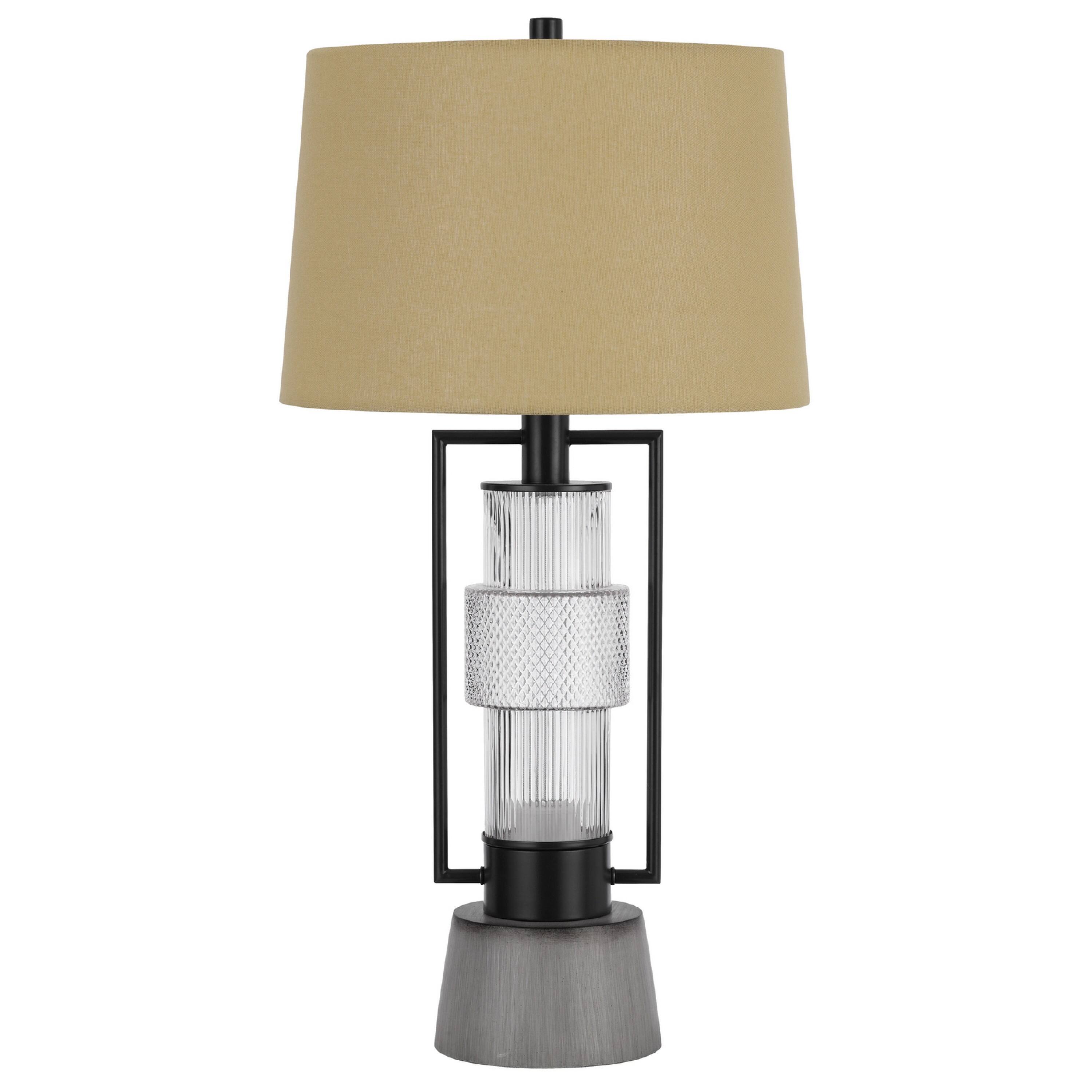 Front. Manhattan Lane - Table Lamp with LED Light, Burlap Shade, 31 Inch Lantern Base - Matte Black, Gray, Brown.