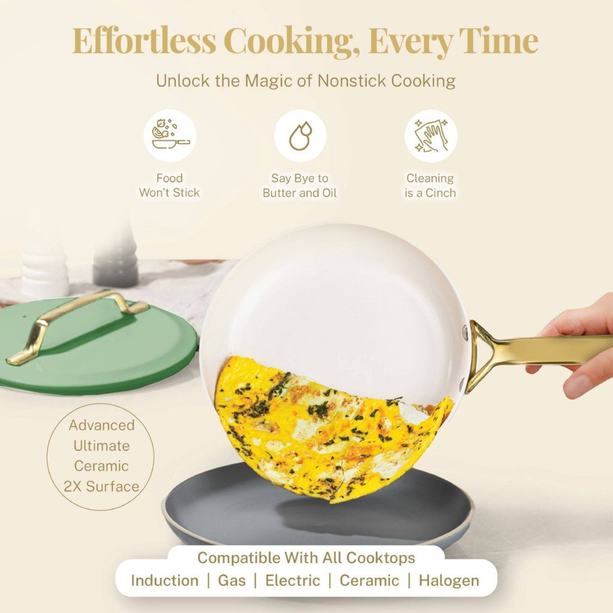 Effortless Cooking, Every Time
Unlock the Magic of Nonstick Cooking
Food Won't Stick
Say Bye to Butter and Oil
Cleaning is a Cinch
Advanced Ultimate Ceramic 2X Surface
Compatible With All Cooktops
Induction | Gas | Electric | Ceramic | Halogen