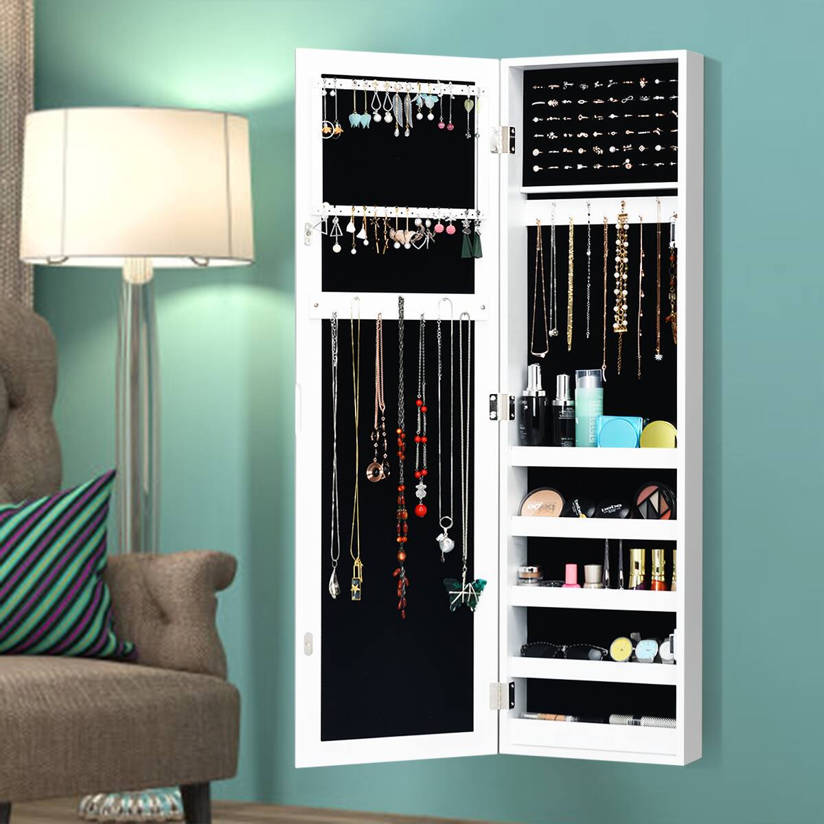 Alt View 11. Costway - Door Mounted Mirrored Jewelry Cabinet Storage Organizer - White.