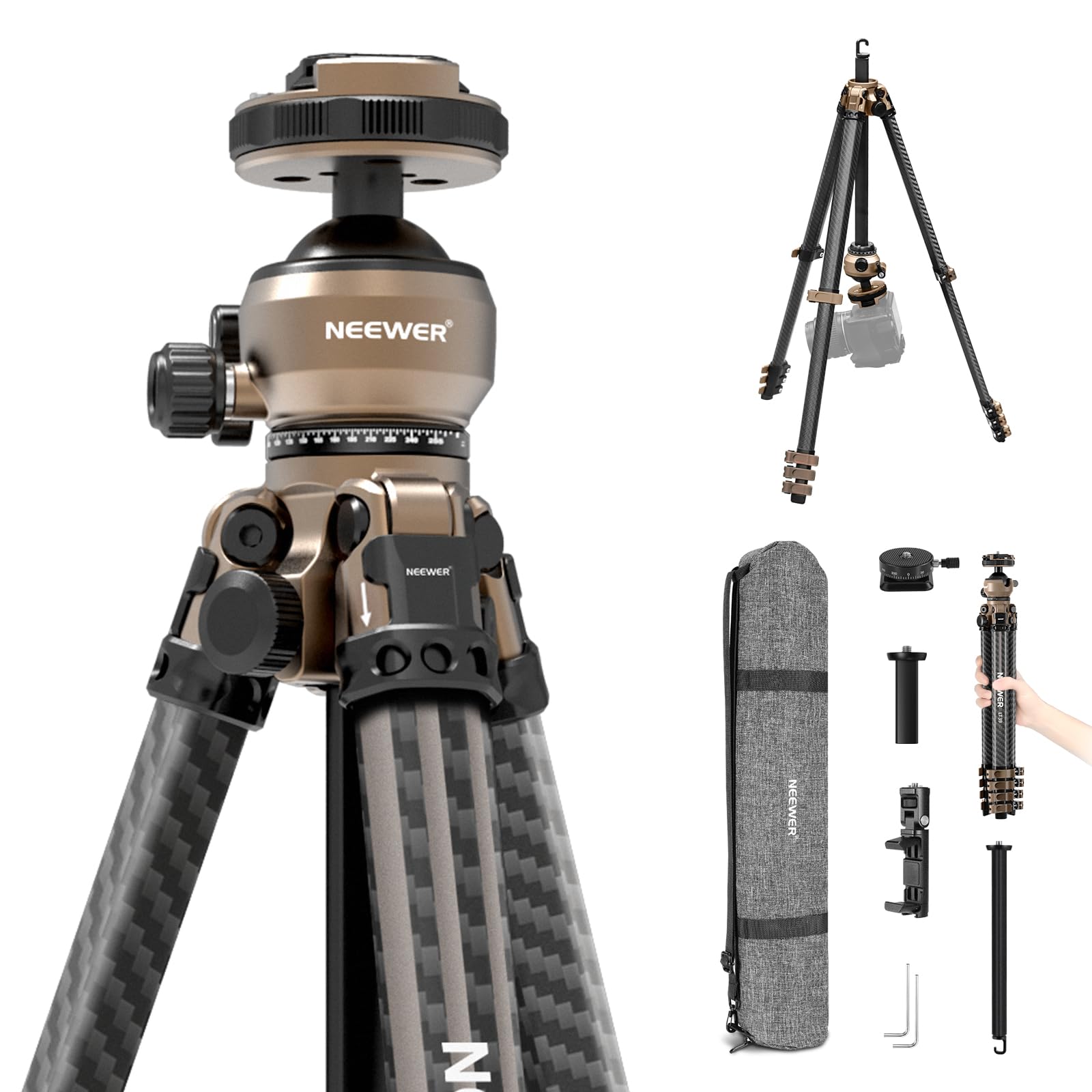 Neewer - Carbon Fiber Travel Tripod, 61", Low-Profile Ball Head, 22lb, LT39