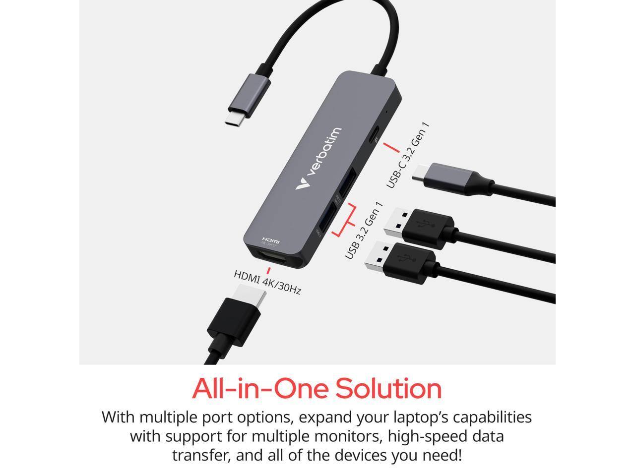 1 Gen verbatim USB-C 3.2 1 Gen HOMI 3.2 USB HDMI 4K/30Hz

All-in-One Solution

With multiple port options, expand your laptop's capabilities with support for multiple monitors, high-speed data transfer, and all of the devices you need!