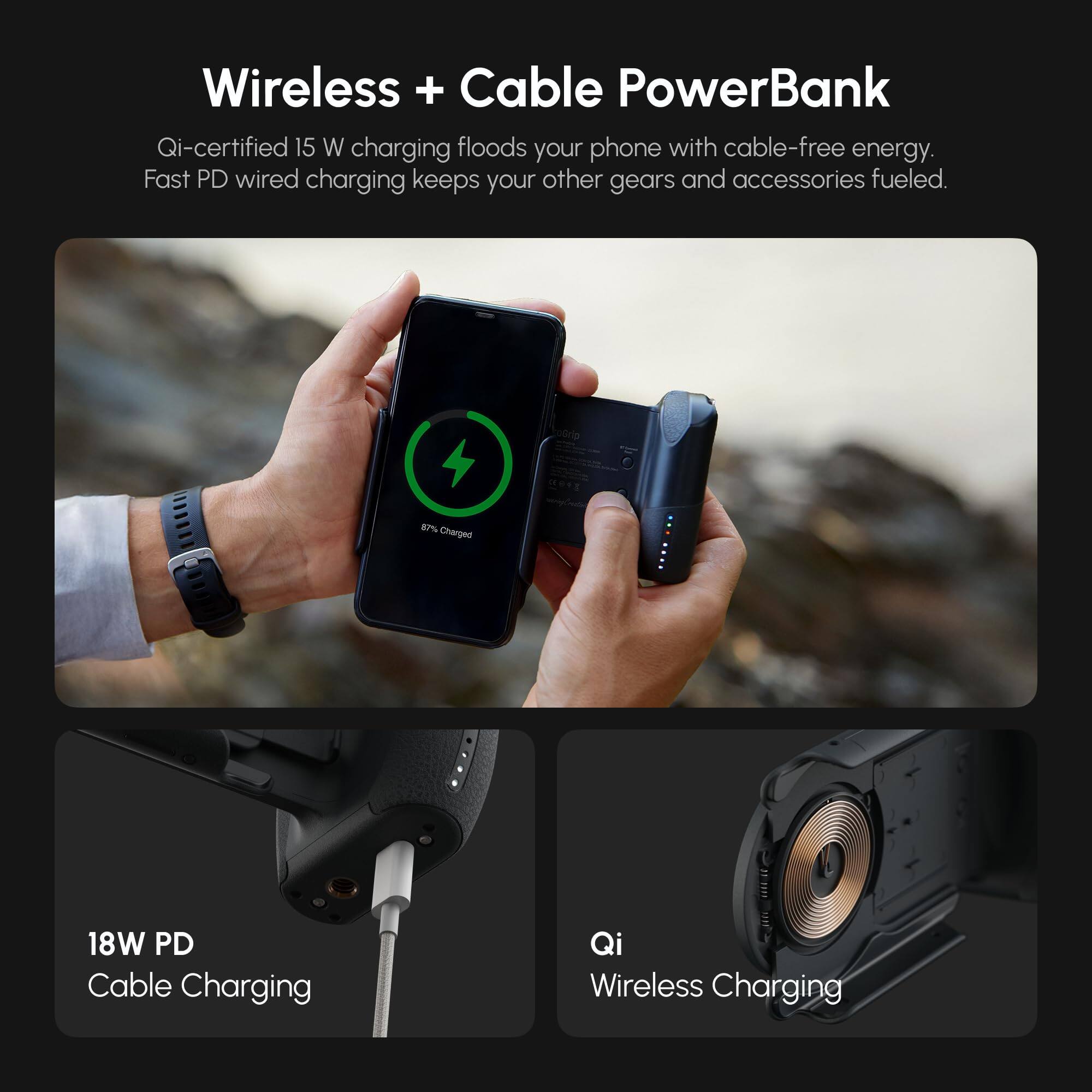Wireless + Cable PowerBank

Qi-certified 15 W charging floods your phone with cable-free energy. Fast PD wired charging keeps your other gears and accessories fueled.

87% Charged

18W PD Cable Charging

Qi Wireless Charging