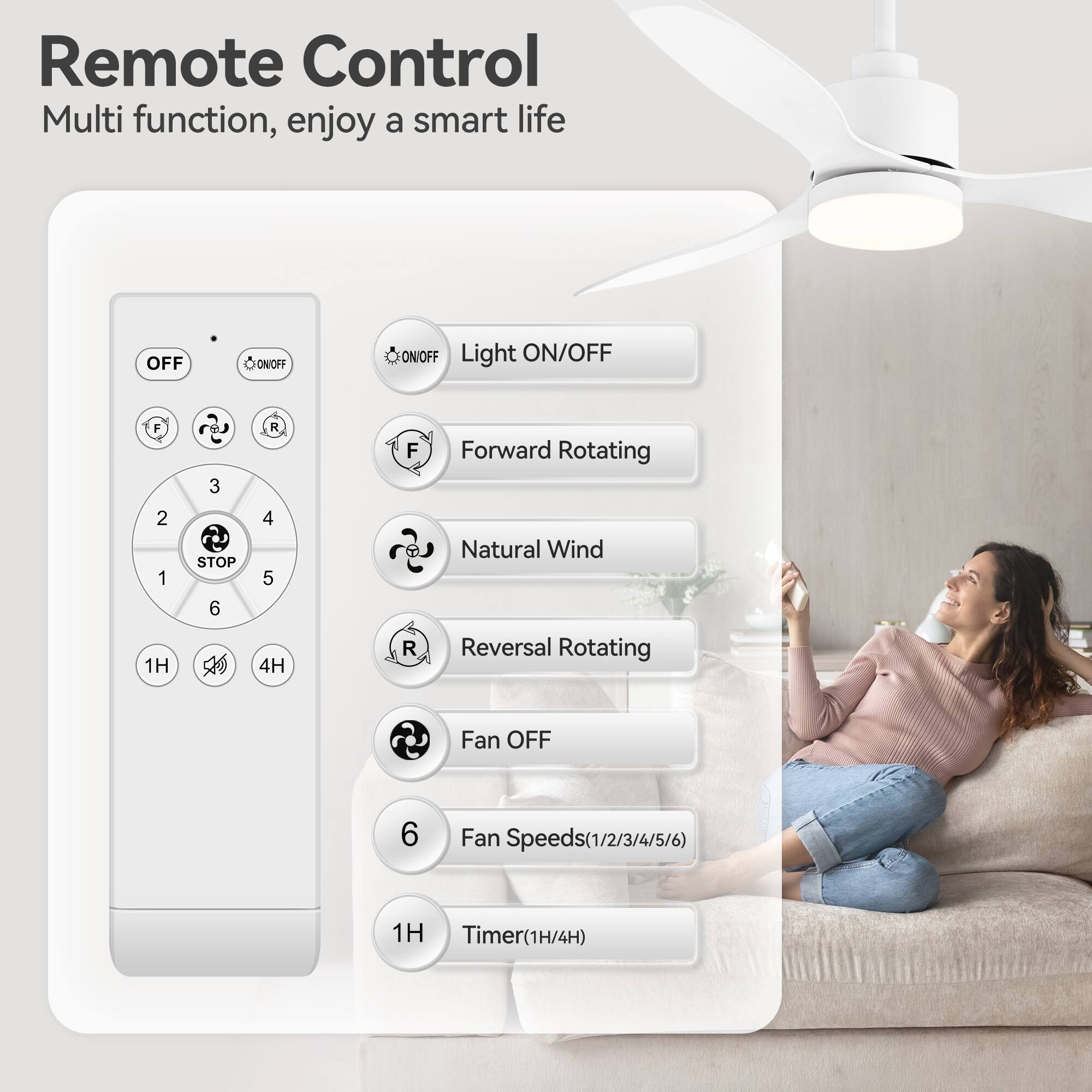 Remote Control  
Multi function, enjoy a smart life  

- Light ON/OFF  
- Forward Rotating  
- Natural Wind  
- Reversal Rotating  
- Fan OFF  
- Fan Speeds (1/2/3/4/5/6)  
- Timer (1H/4H)  

Buttons:  
- OFF  
- ON/OFF  
- F  
- R  
- 1  
- 2  
- 3  
- 4  
- 5  
- 6  
- STOP  
- 1H  
- 4H