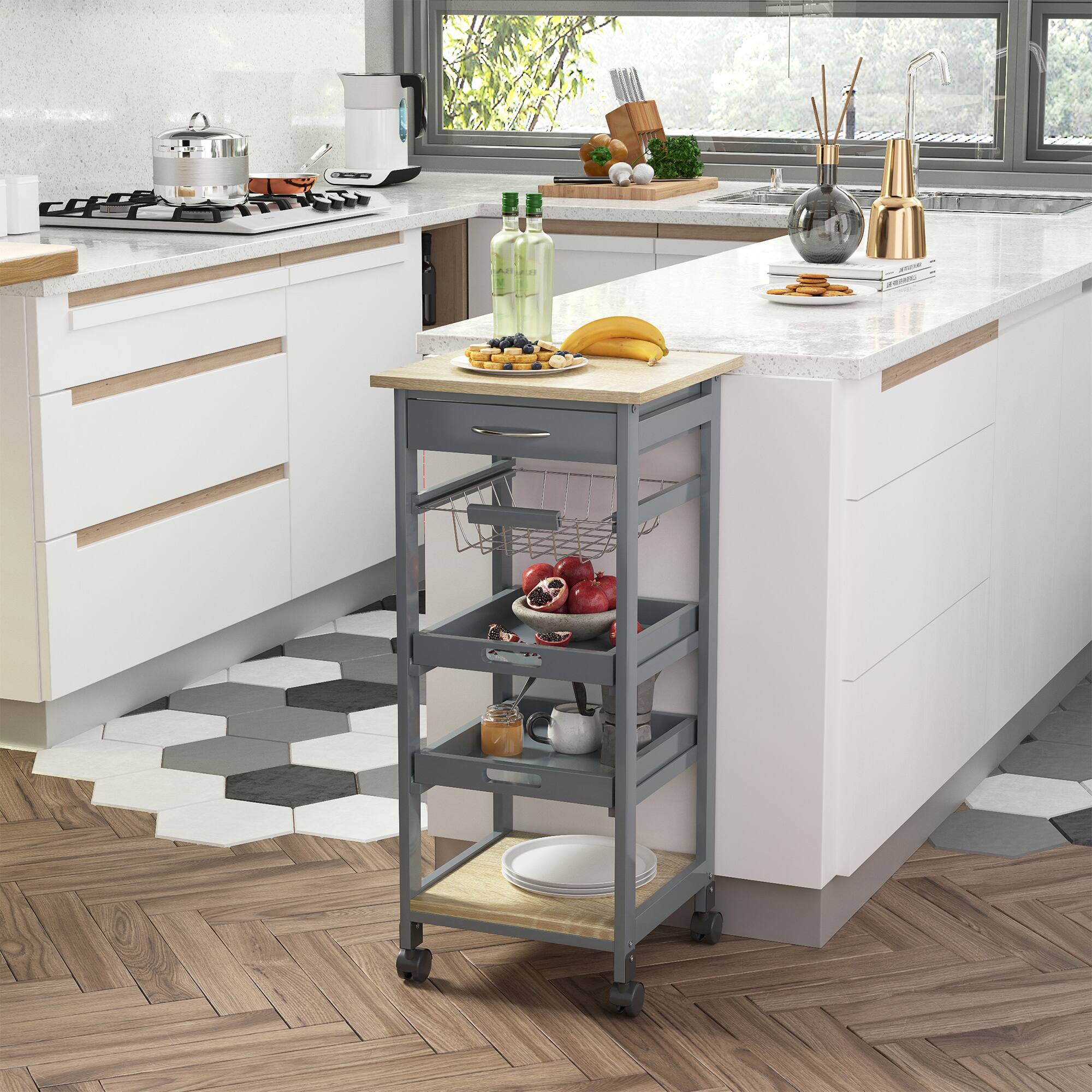 Alt View 1. Homcom - Mobile Kitchen Cart, Rolling Kitchen Island with Storage, Solid Wood Frame Cart with Wire Fruit Basket, Trays and Drawer - Grey.