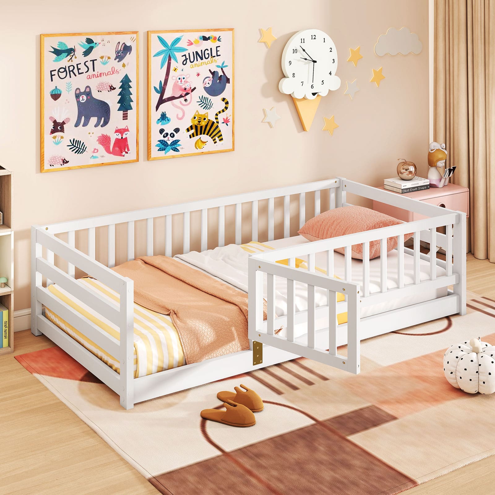 Gymax - Twin Size Floor Bed w/High Fence & Door Safety Guardrails Wood Floor Bed Frame - White