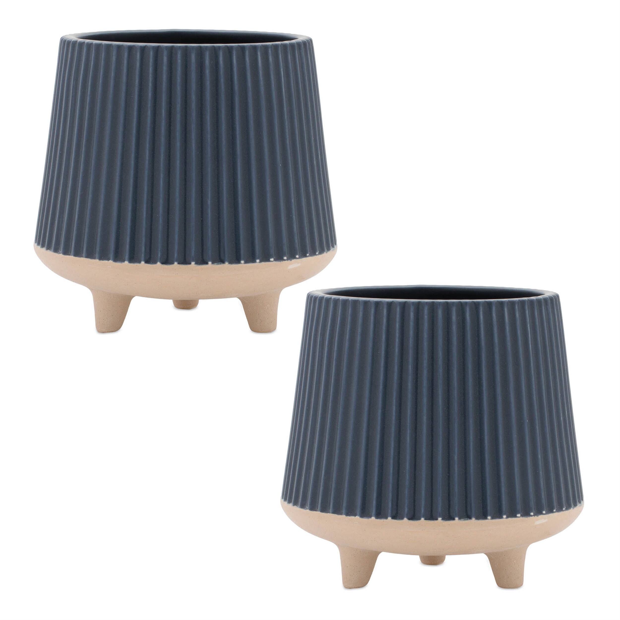 Angle. BreeBe - Ceramic Ribbed Footed Planter (Set of 2) - Blue, Beige.
