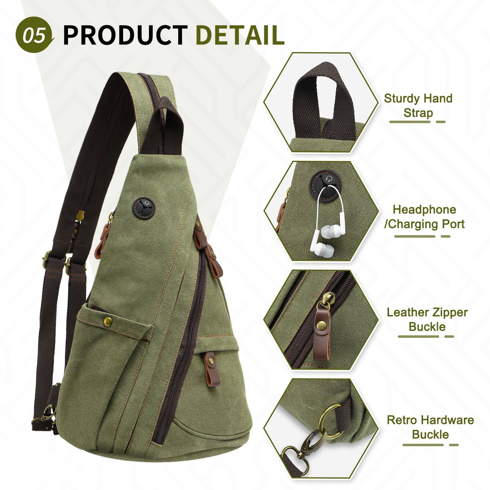 05 PRODUCT DETAIL

- Sturdy Hand Strap
- Headphone / Charging Port
- Leather Zipper Buckle
- Retro Hardware Buckle