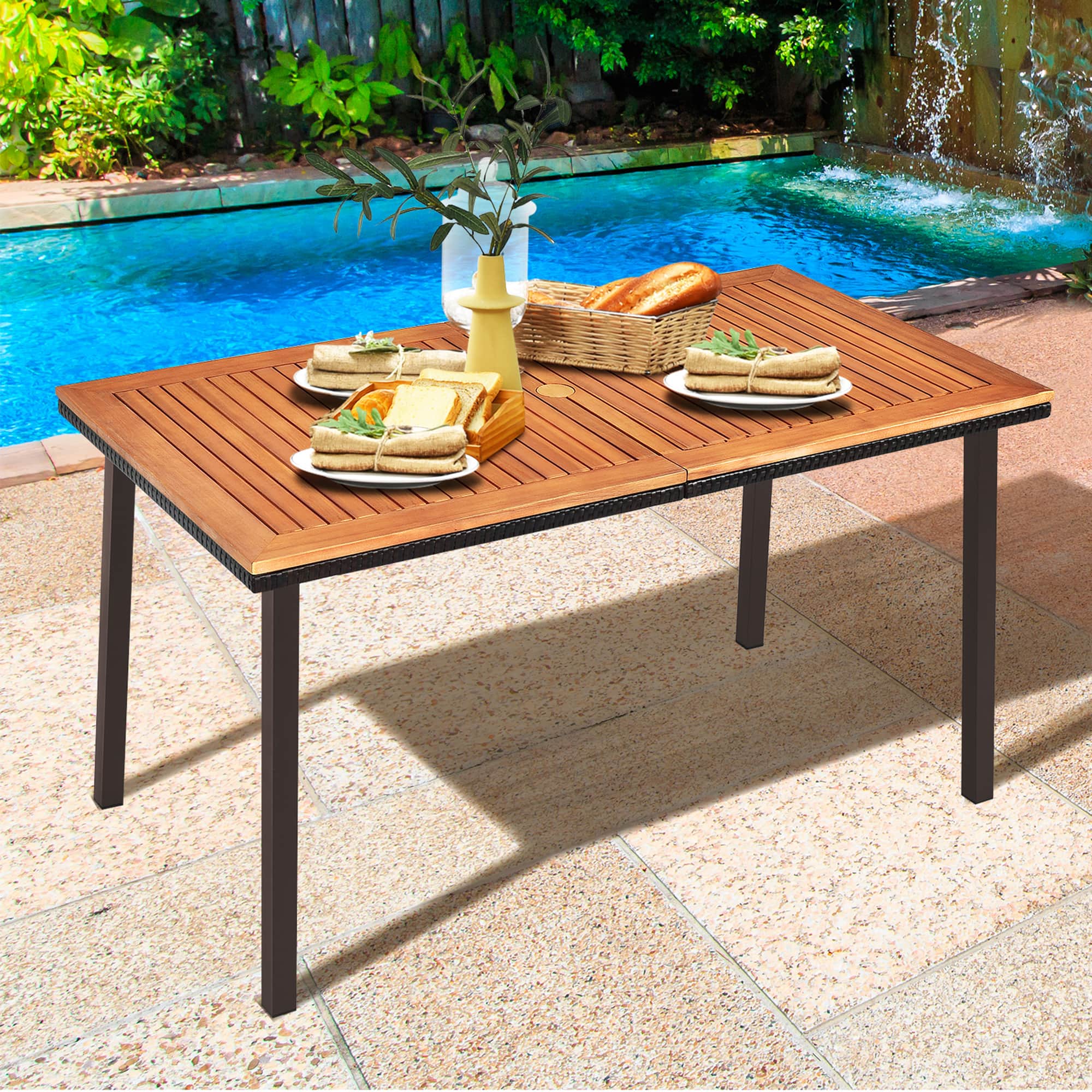 Gymax - Rectangle Patio Outdoor Dining Table Acacia Wood Tabletop w/ 2'' Umbrella Hole - Walnut