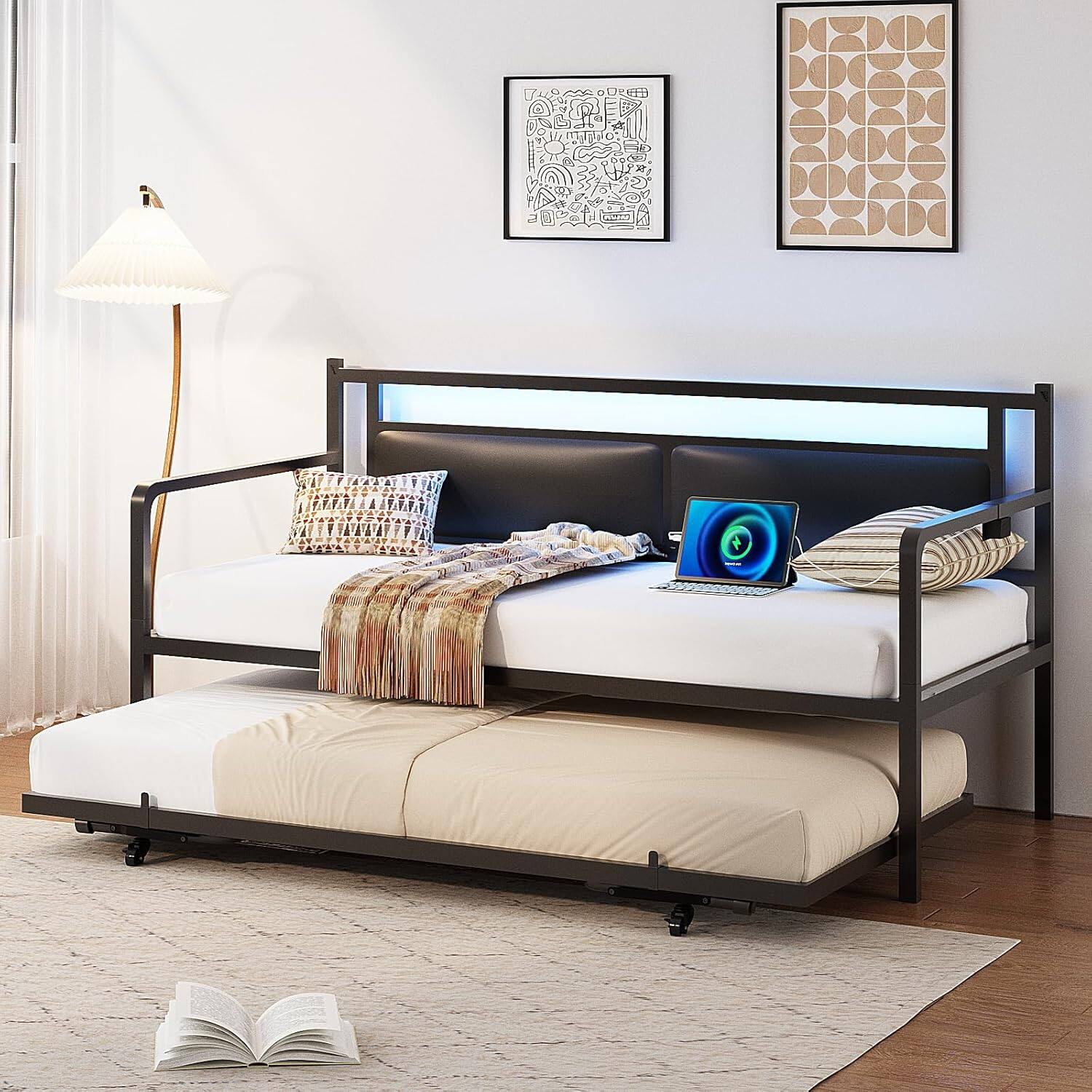 Winado - Twin Daybed with Trundle Bed Sofa DayBed with LED Light & Charing Station Upholstered Bed Frame with Storage Headboard - Black & Leather