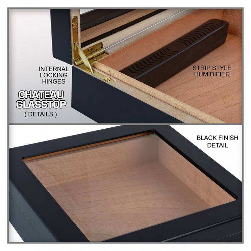 INTERNAL LOCKING HINGES  
CHATEAU GLASSTOP (DETAILS)  

STRIP STYLE HUMIDIFIER  

BLACK FINISH DETAIL