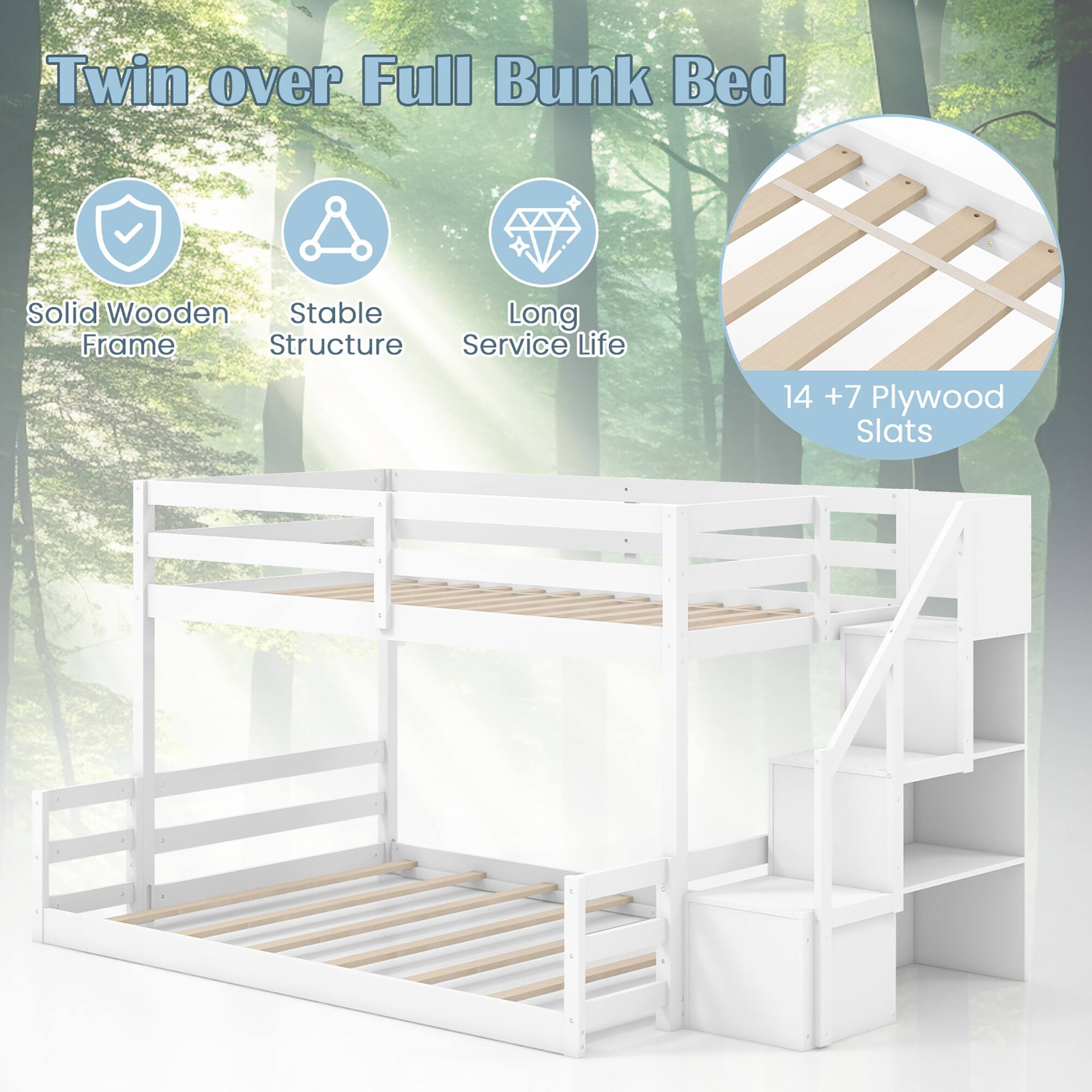 Twin over Full Bunk Bed

- Solid Wooden Frame
- Stable Structure
- Long Service Life
- 14 + 7 Plywood Slats