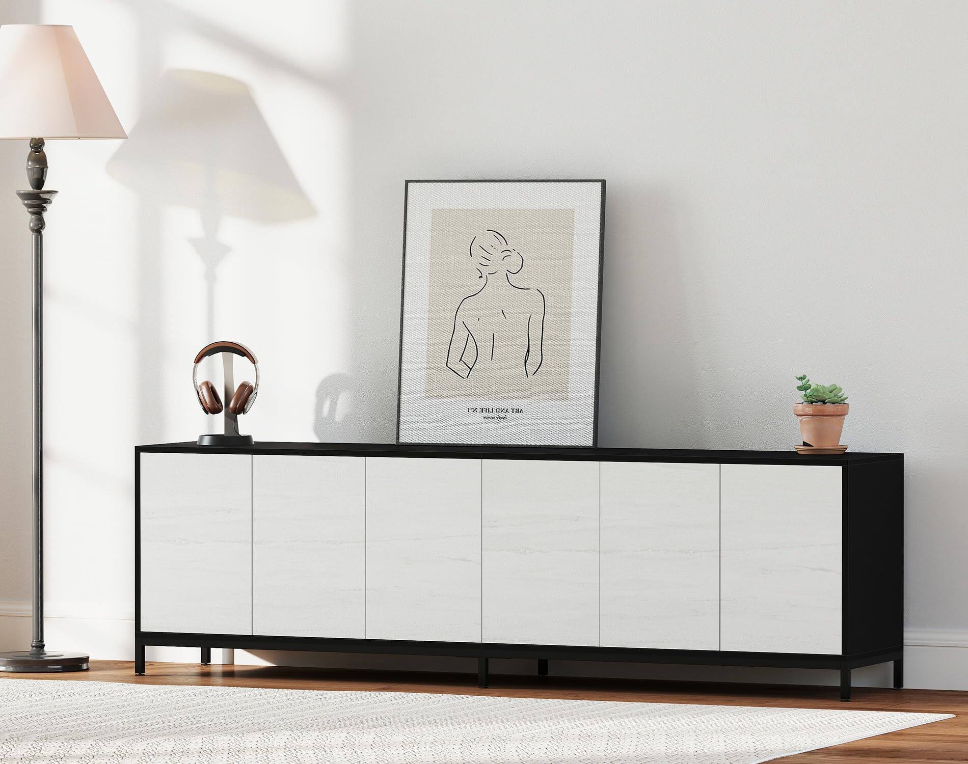 Back. Bestier - TV Stand for TVs up to 80” with Minimalist Doors, Spacious Storage and Height-Adjustable Legs - white.