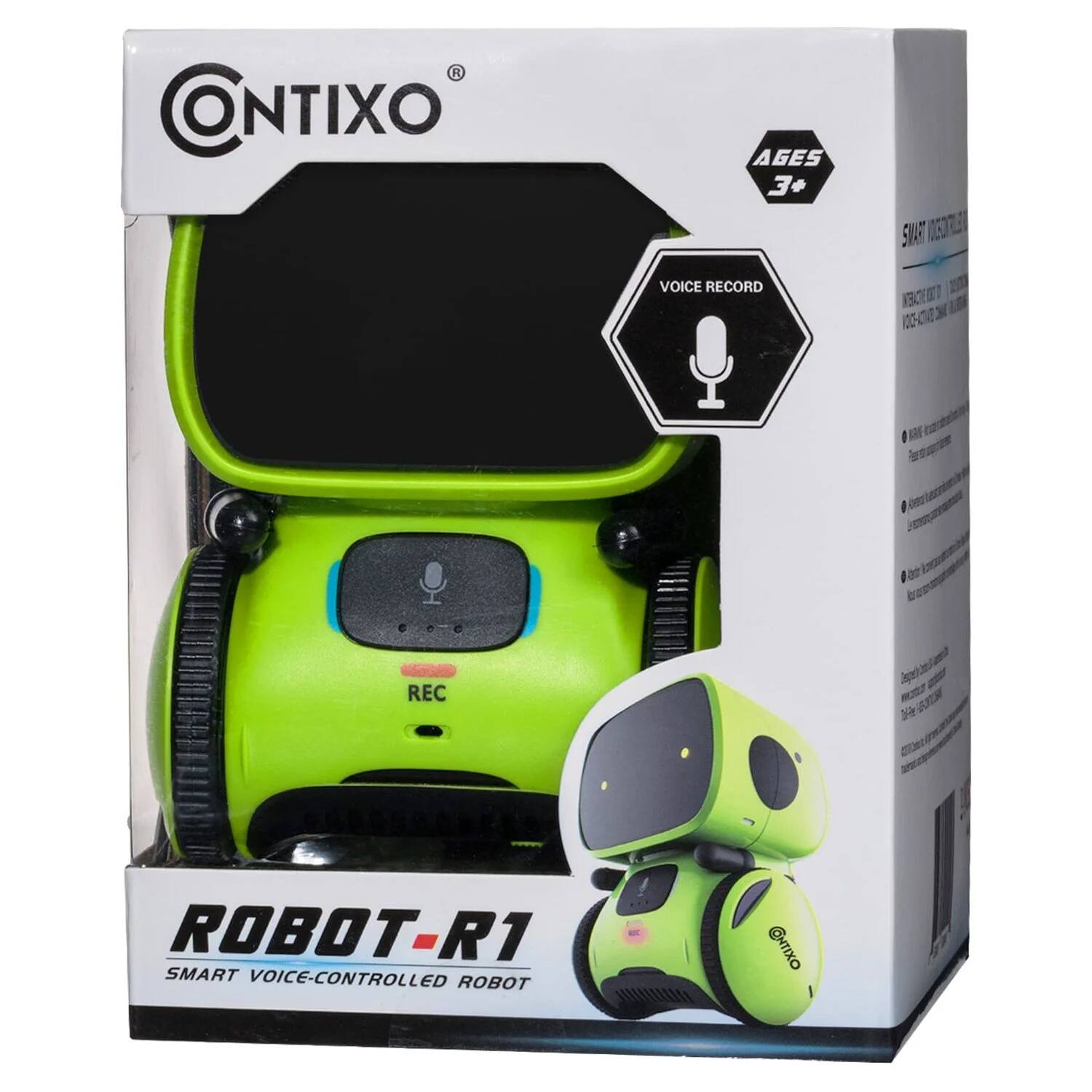 Sure, here is the corrected and grouped text from the image:

---

**CONTIXO**

**AGES 3+**

**VOICE RECORD**

**ROBOT-R1**

**SMART VOICE-CONTROLLED ROBOT**

---

**REC**