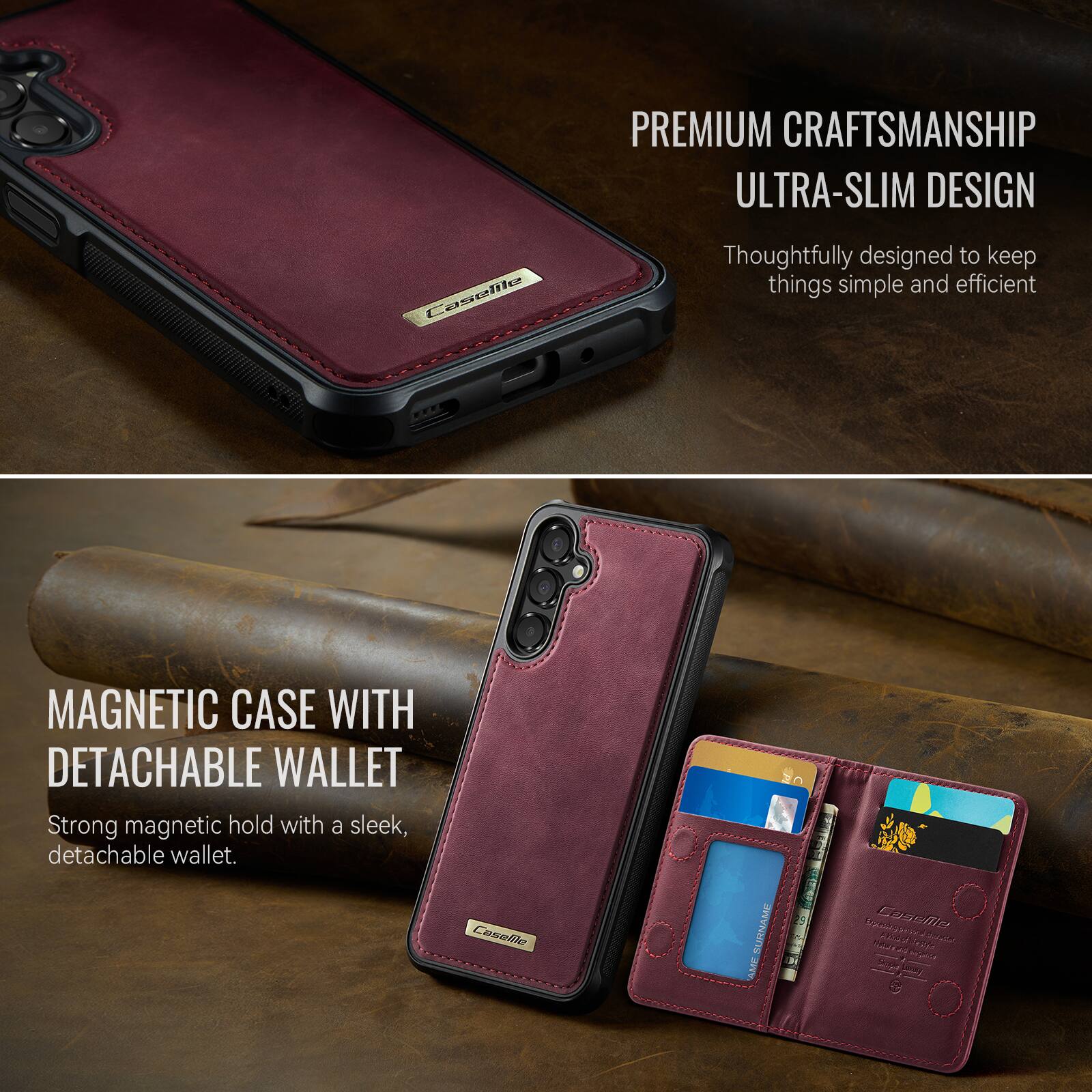 PREMIUM CRAFTSMANSHIP ULTRA-SLIM DESIGN  
Thoughtfully designed to keep things simple and efficient  

MAGNETIC CASE WITH DETACHABLE WALLET  
Strong magnetic hold with a sleek, detachable wallet.