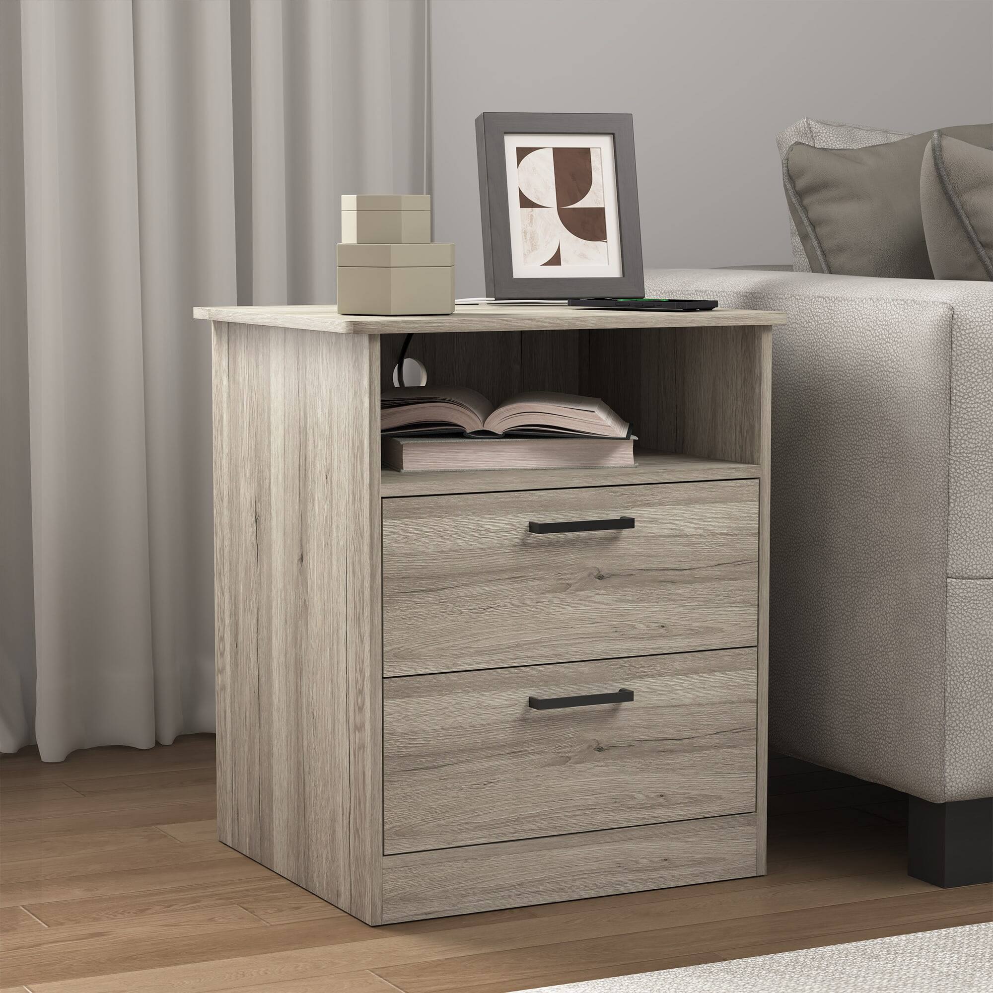 Left. Kadyn - Kadyn Wood Nightstand With Charging Station, Bedside Table With 2 Drawers, Bedroom, Gray - Gray.