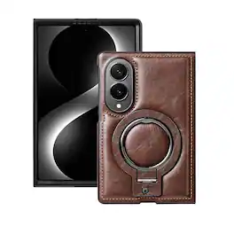 Dteck - Premium Leather Shockproof Non-Slip Magnetic Invisible Ring Stand Phone Case for Samsung Galaxy Z Fold8 - Darkbrown
