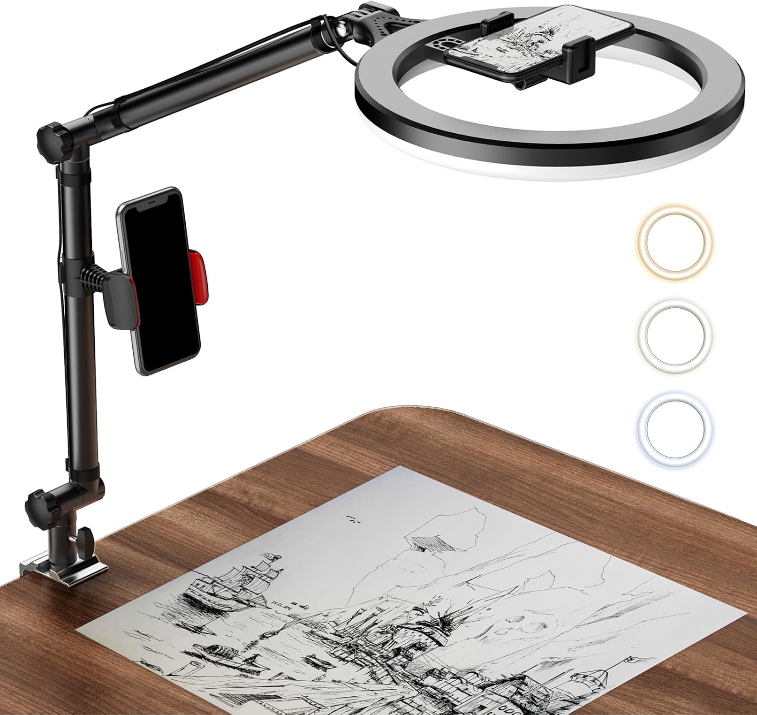 Back. PARKER SLATER - 10" Ring Light with Stand & Phone Holder, USB Desk Ring Light with Clamp and Overhead Camera Mount for Photography, Make.