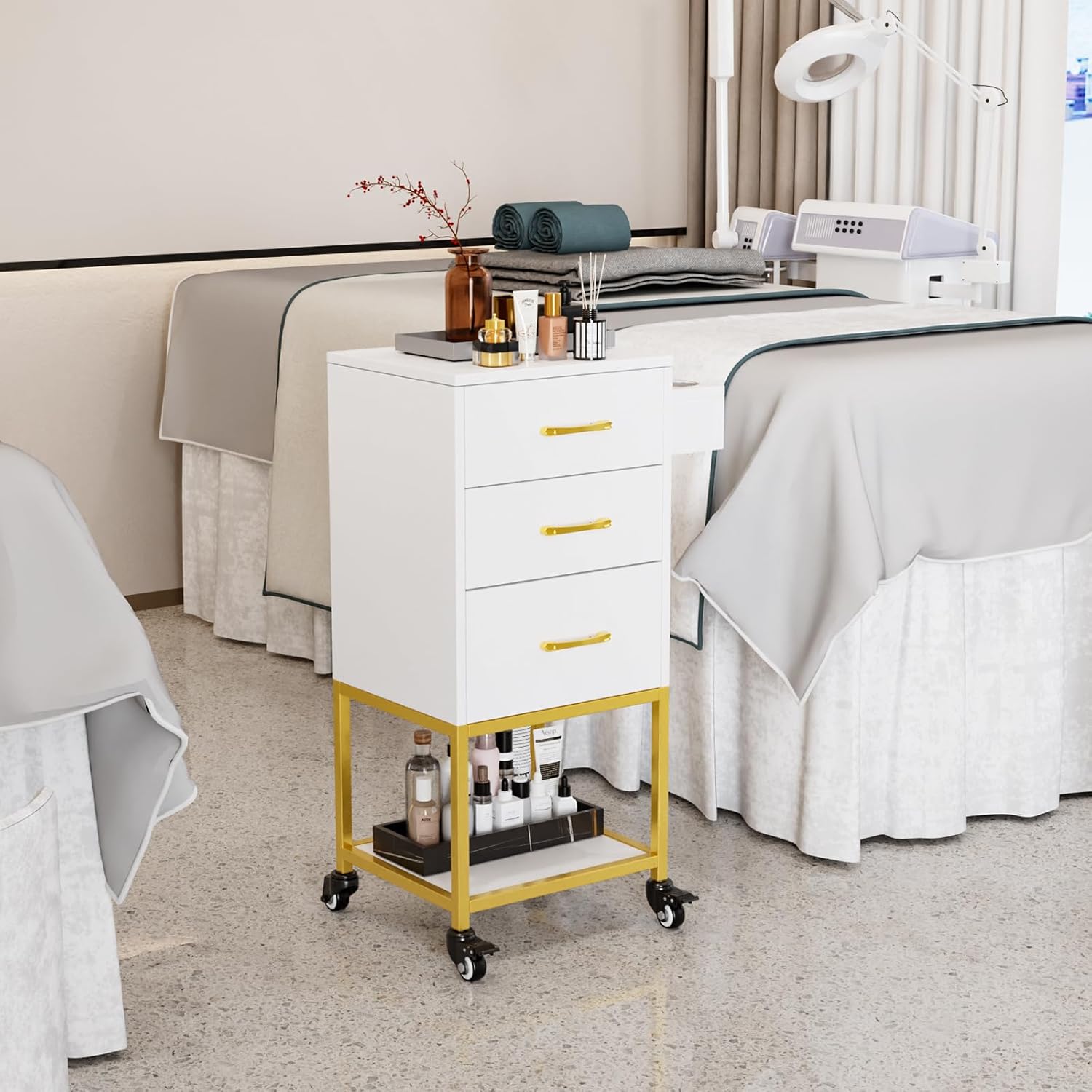 Alt View 5. Winado - Salon Trolley Rolling Beauty Storage Cart with 3 Drawers & Heat-Resistant Holders & Wheels for Lash Artists, Tattoo, Spa - White & Gold.