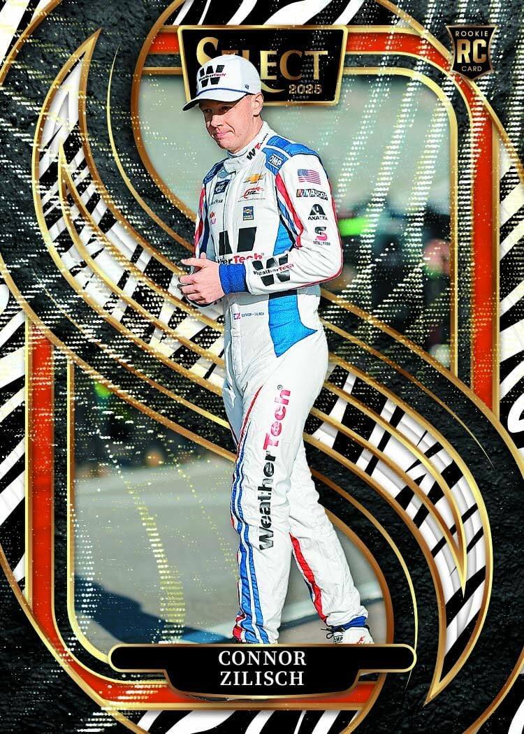 SELECT Namerrooly 2025  
ROOKIE RC CARD  
W OMP  
W NASCAR A TAXA S  
erTech VegatherTech KONTER-STICK WeatherTech DMP CONNOR ZILISCH