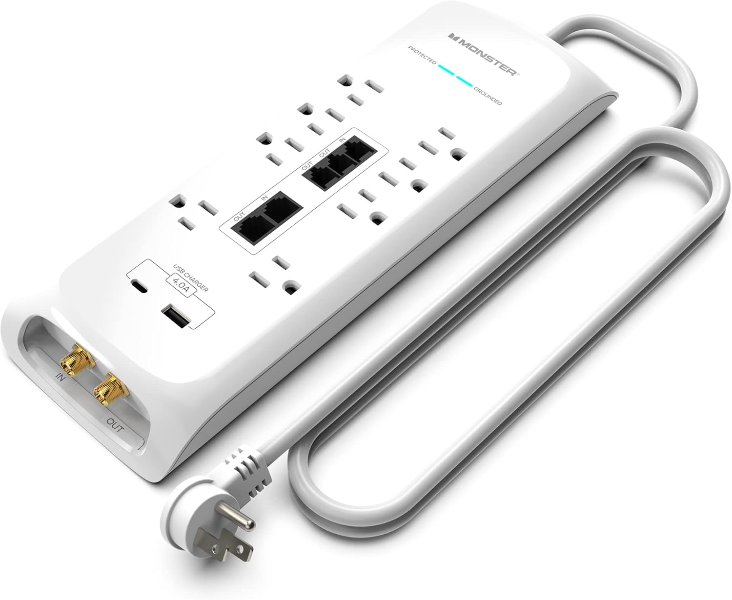 Monster - Heavy Duty Surge Protector Power Strip 6 ft Cord with 8 120V-Outlet Extension, 2 Ethernet Switch Ports, 4050J Rating - White