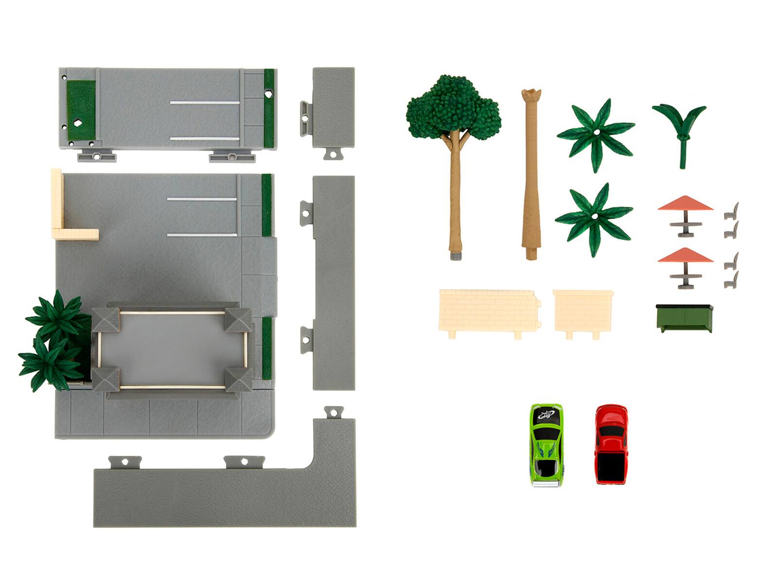 Alt View 2. Jada - Toretto Cafe Diorama with Mitsubishi Eclipse Green and Ford F-150 SVT Lightning Red "Fast and Furious" Model by Jada.