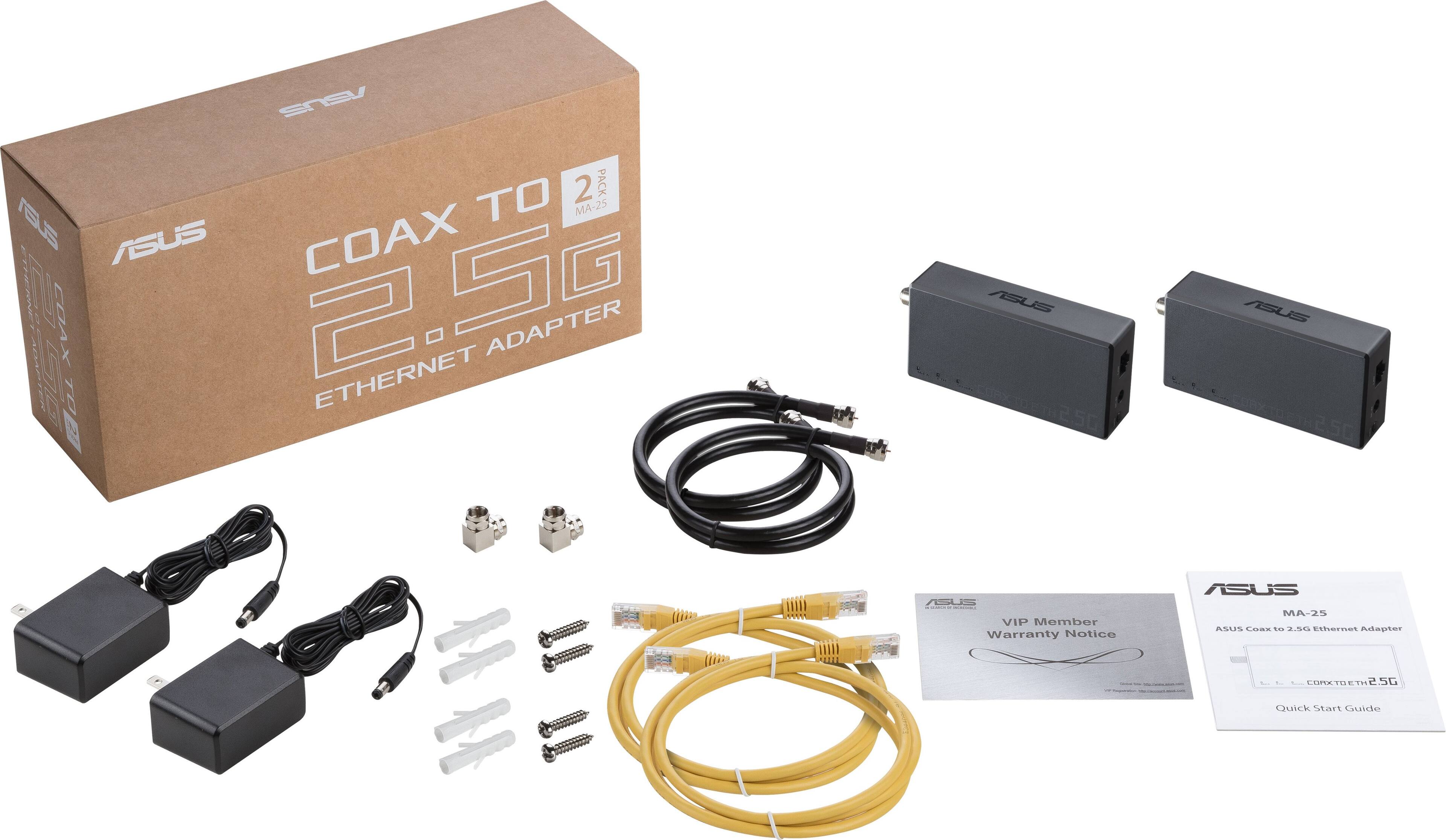 The image shows a box of Asus Coax Ethernet Adapter along with its accessories. The box contains two adapters, and there are two cords and two manuals included in the package. The adapters are designed to convert coaxial connections to Ethernet connections, providing a convenient and efficient way to connect devices to the internet. The accessories and manuals provide users with the necessary information and tools to set up and use the adapters effectively.