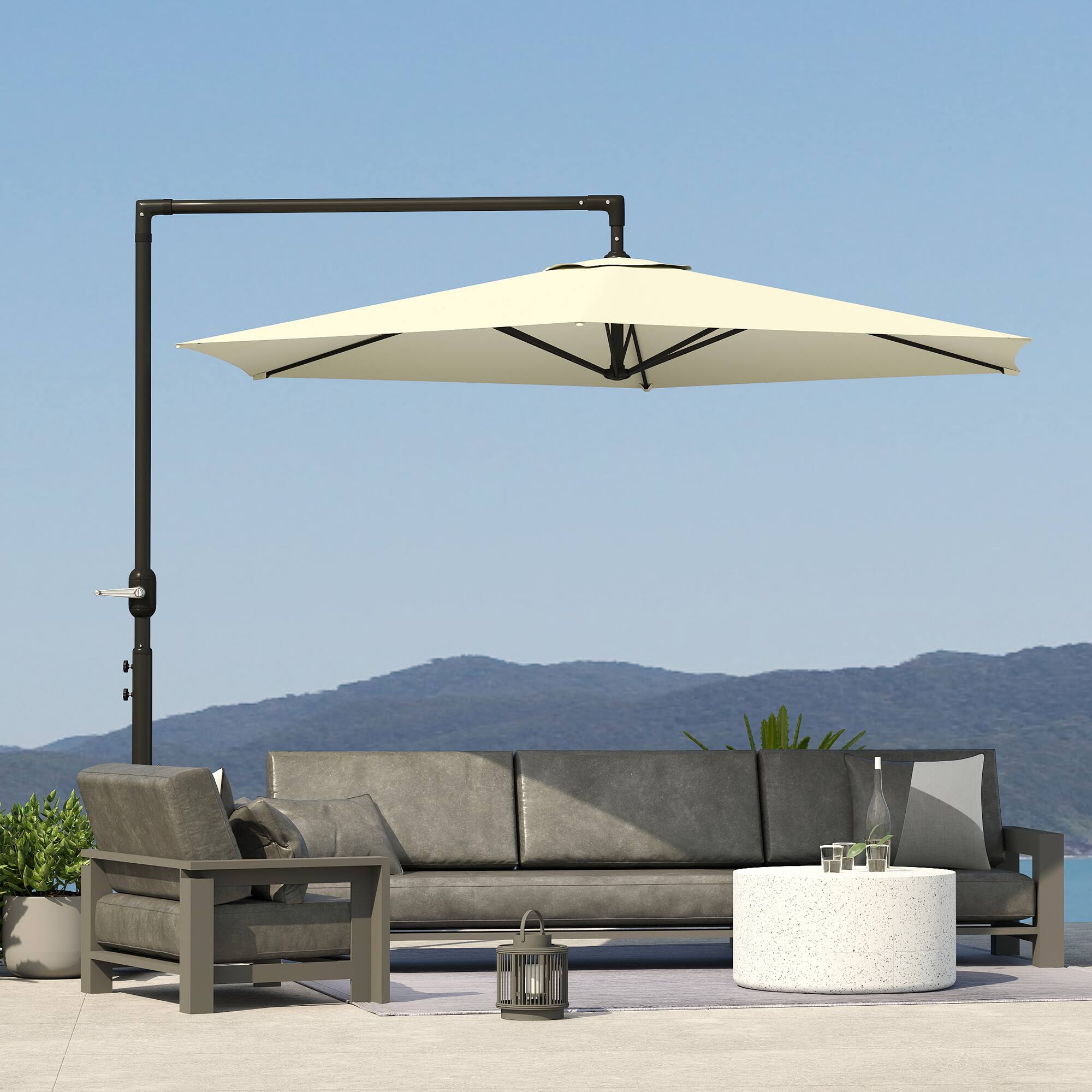Alt View 8. Outsunny - 9.5FT Offset Patio Umbrella with Crank, Cross Base and Air Vent, Round Hanging Cantilever Umbrella - Beige.