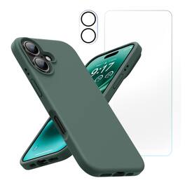 Entronix - Complete Protection Bundle for iPhone 16 - Liquid Silicone Case with Screen & Camera Lens Protectors - Green