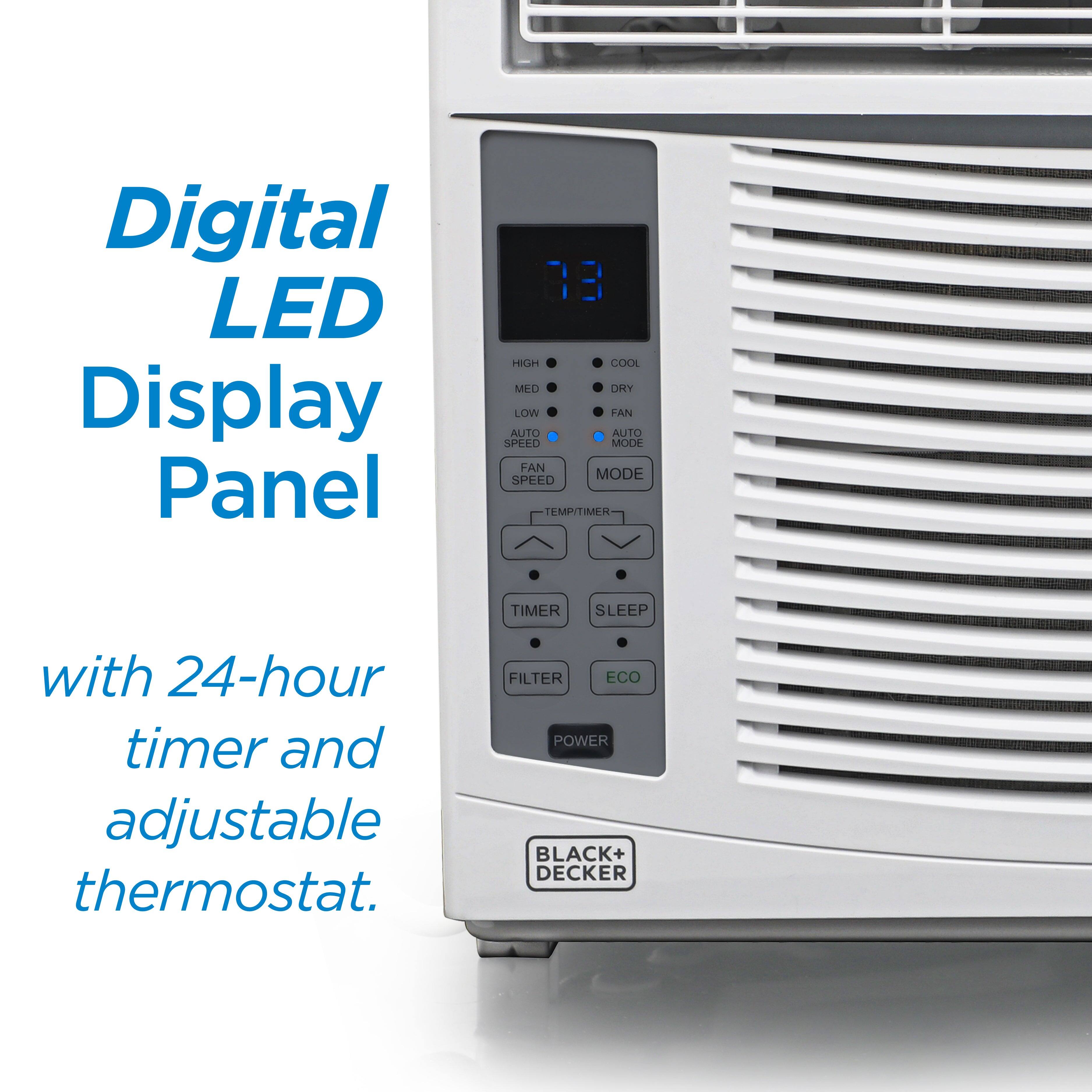 Digital LED Display Panel with 24-hour timer and adjustable thermostat. HIGH COOL DRY FAN AUTO SPEED MODE FAN MODE SPEED TEMP/TIMER TIMER SLEEP FILTER ECO POWER BLACK+DECKER