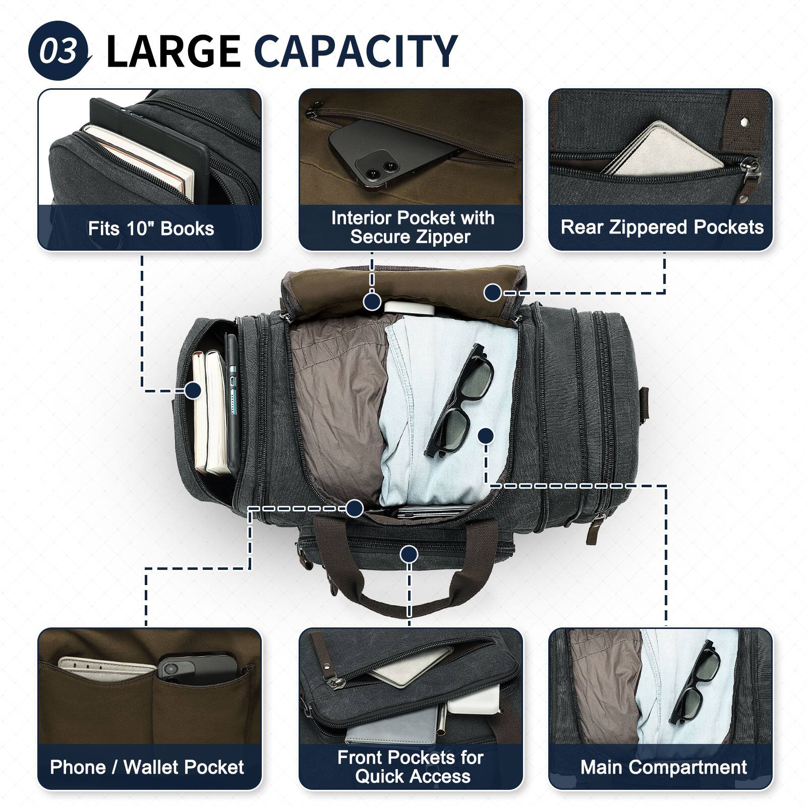 03 LARGE CAPACITY

- Fits 10" Books
- Interior Pocket with Secure Zipper
- Rear Zippered Pockets
- Phone / Wallet Pocket
- Front Pockets for Quick Access
- Main Compartment