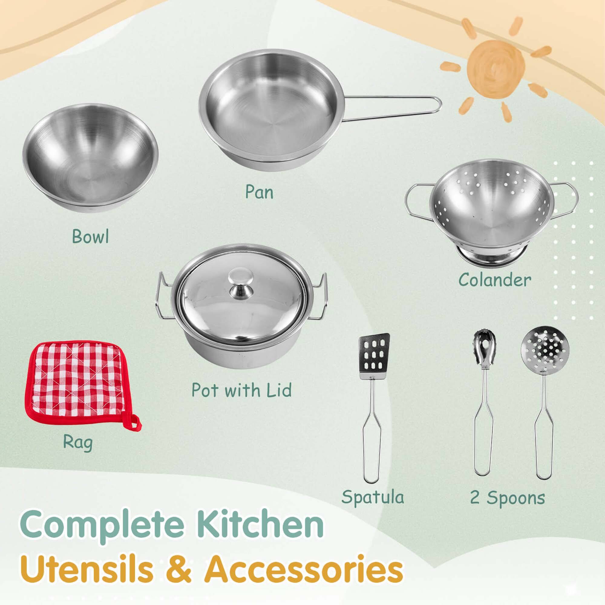 Complete Kitchen Utensils & Accessories

- Bowl
- Pan
- Colander
- Pot with Lid
- Rag
- Spatula
- 2 Spoons