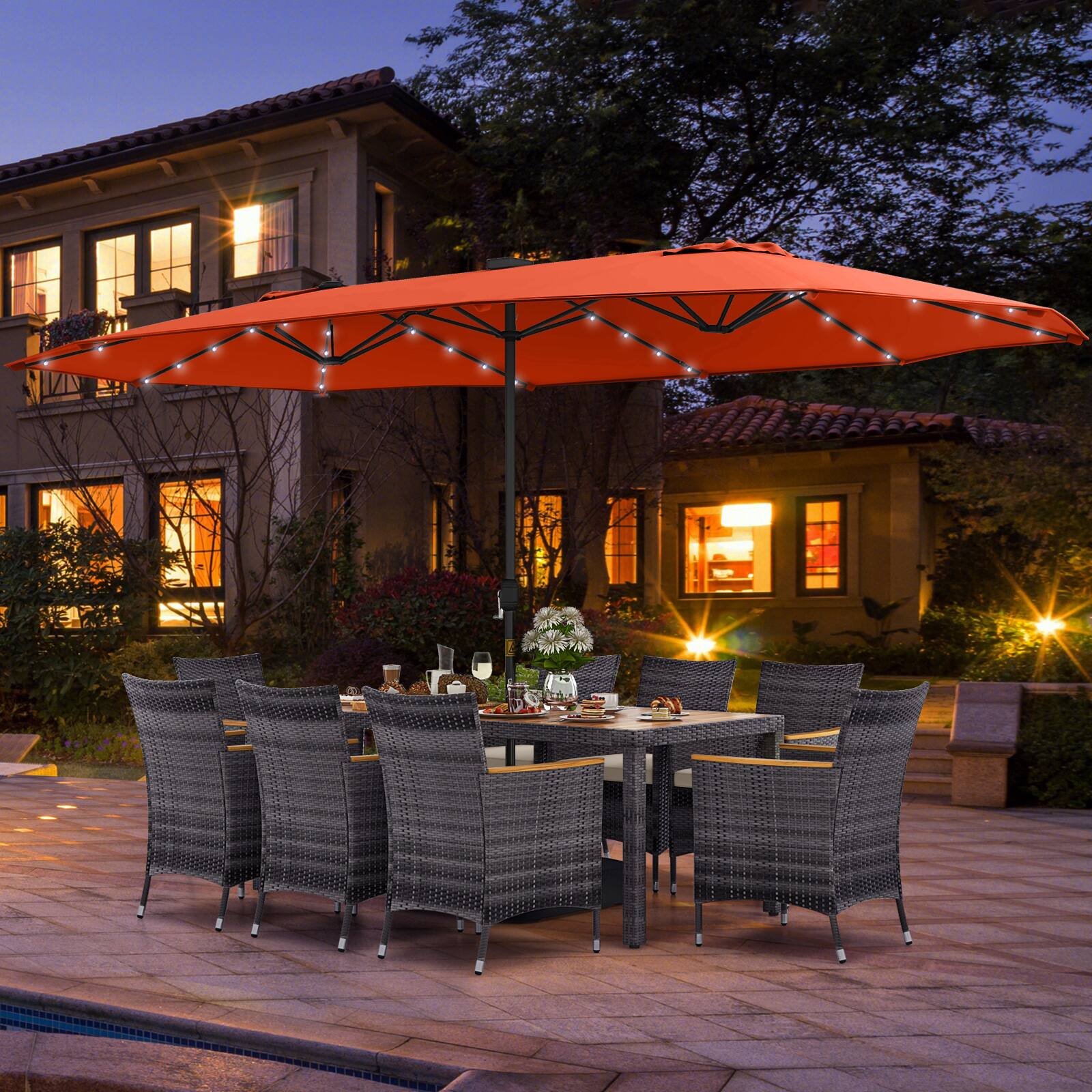 Alt View 4. Costway - 11 PCS Patio Dining Set with 15 ft Double-Sided Patio Umbrella 8 Armchairs - Mix Gray,Beige,Orange.