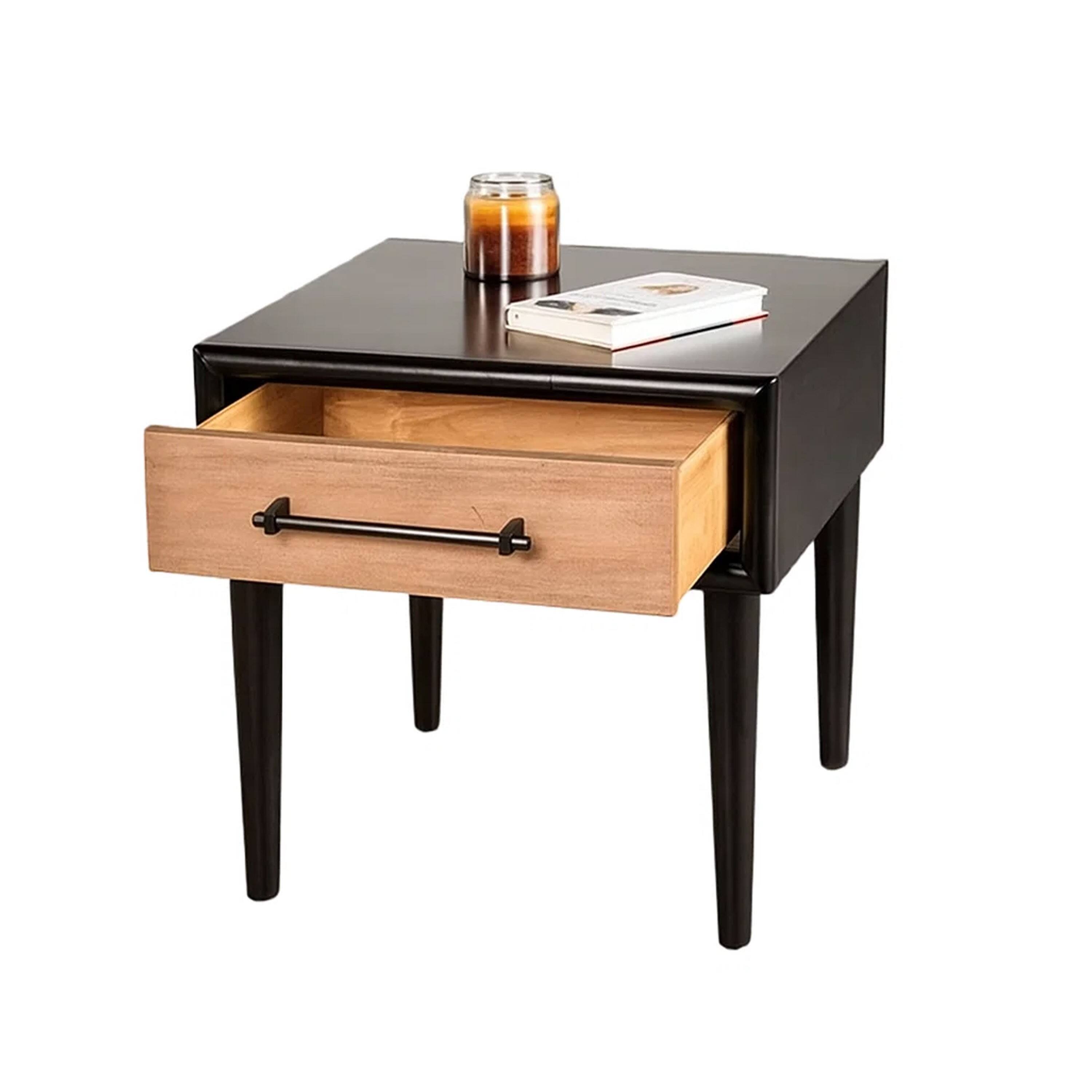 Left. Manhattan Lane - Lucas Side End Table, 1 Drawer, Brown, Black Solid Rubberwood, 24 Inch - White Wash Brown, Black.