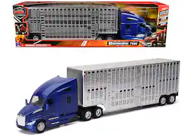 Kenworth T680 Truck Blue Metallic with Livestock Trailer Chrome "Long Haul Trucker" Series 1/32 Model by New Ray