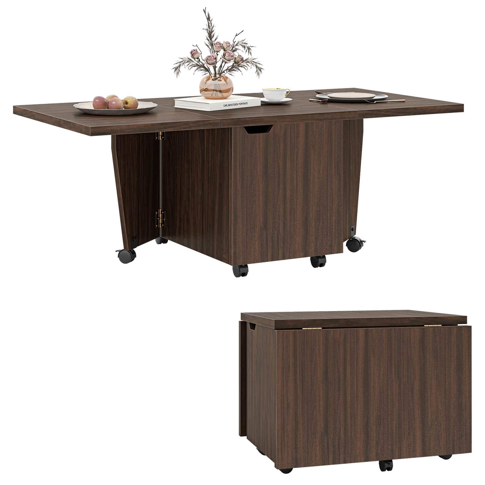 Costway - Foldable Coffee Table 48" Extendable Center Table with Storage Cabinets & Wheels - Walnut