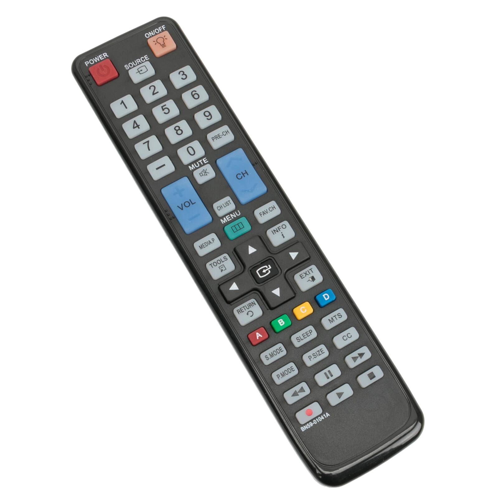 ON/OFF POWER SOURCE 3 2 6 1 5 9 4 8 PRE-CH 7 0 - MUTE o CH VOL CH CHLIST MENU ". MEDIA.P TOOLS  CH FAV INFO i EXIT D RETURN C B MTS A SLEEP cc S.MODE P.SIZE P.MODE I BN59-01041A