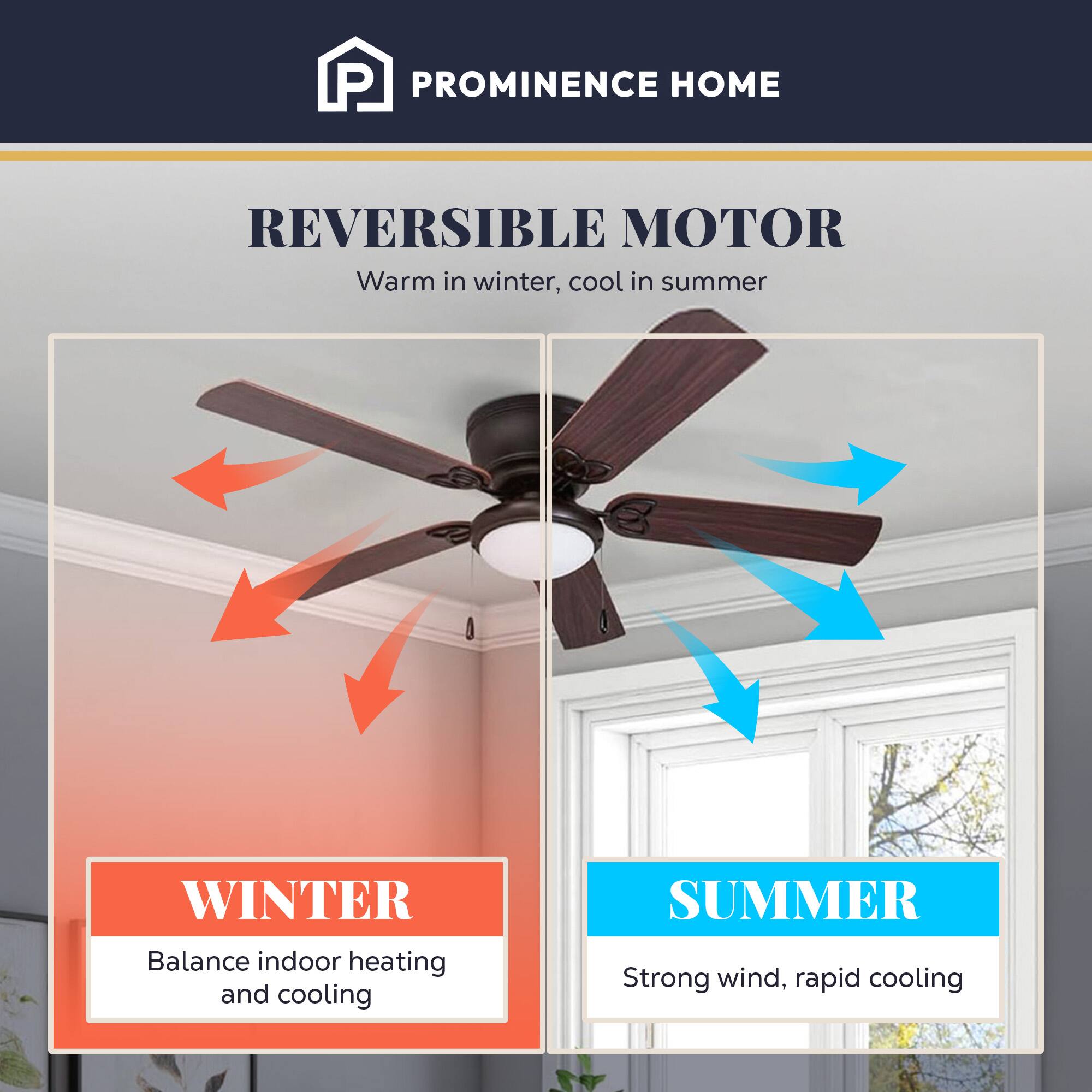 PROMINENCE HOME  
REVERSIBLE MOTOR  
Warm in winter, cool in summer  

WINTER  
Balance indoor heating and cooling  

SUMMER  
Strong wind, rapid cooling