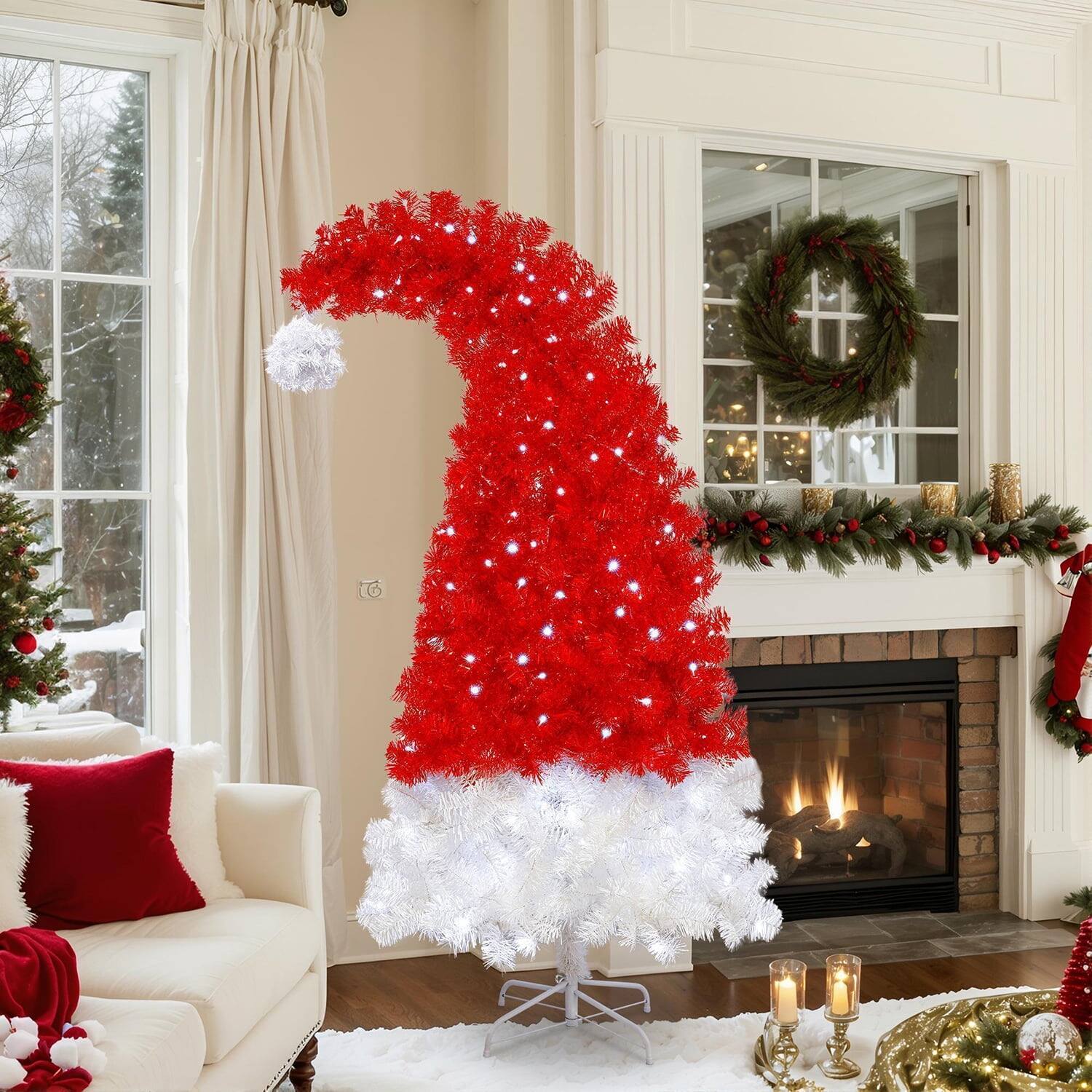Alt View 7. Pefilos - 6ft Artificial Christmas Tree with LED Lights & 1050 Tips, Curved Xmas Tree with Santa Hat Shape for Festive Holiday - Red.