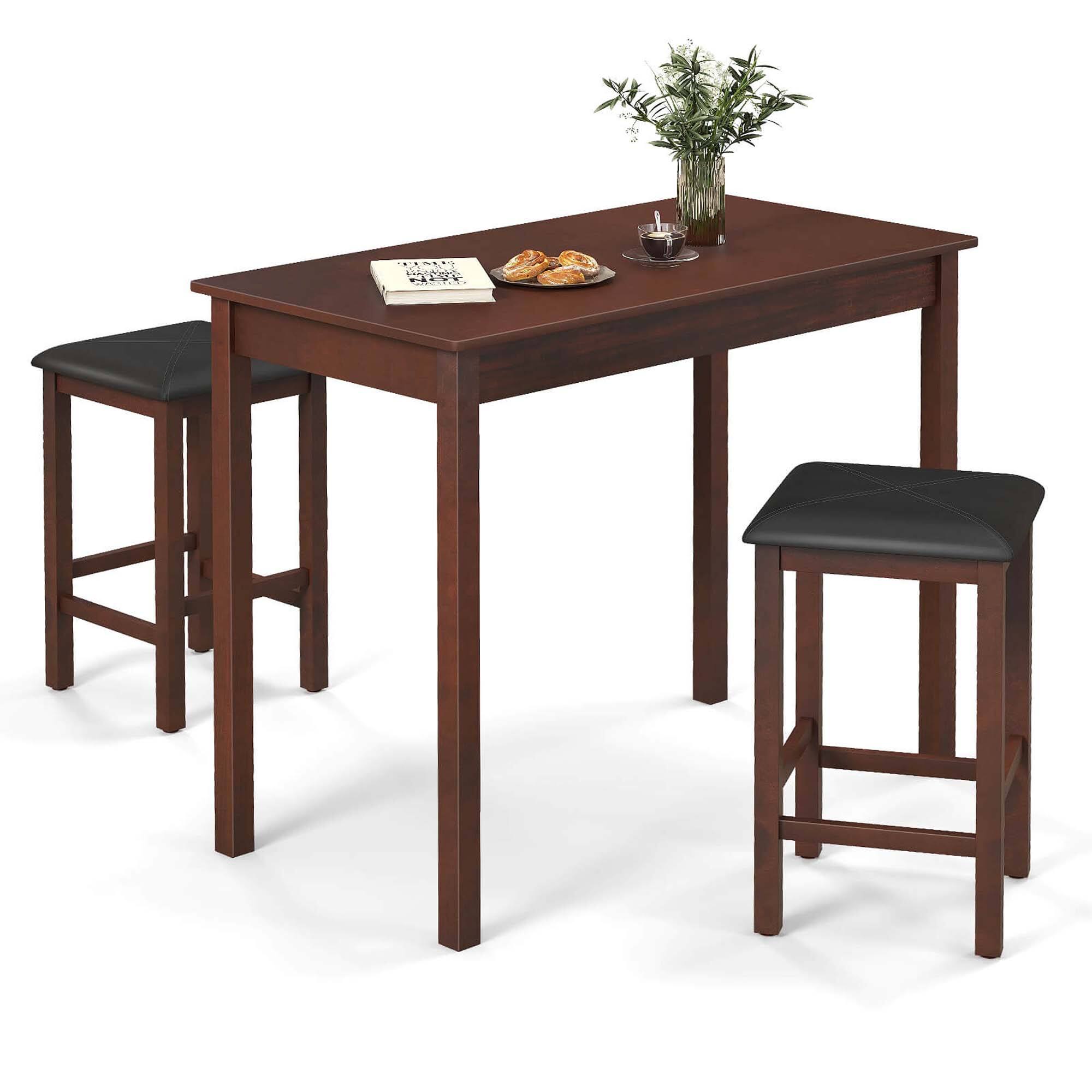 Alt View 1. Costway - 3 PCS Bar Table Set Dining Table & 2 PVC Leather Upholstered Bar Stools Rustic - Brown+Black.