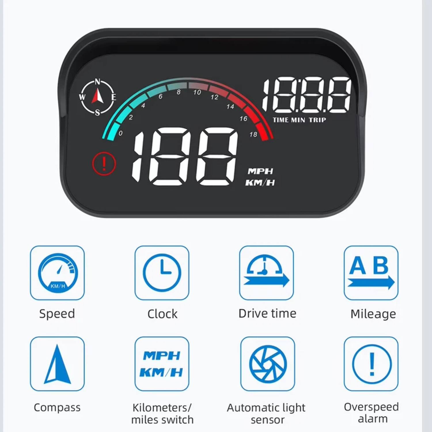 - **Speed**: 188 MPH / KM/H
- **Clock**: 18:08
- **Drive time**: TIME MIN TRIP
- **Mileage**: A B
- **Compass**: N W E S
- **Kilometers/miles switch**: MPH KM/H
- **Automatic light sensor**: (Icon)
- **Overspeed alarm**: (Exclamation mark icon)