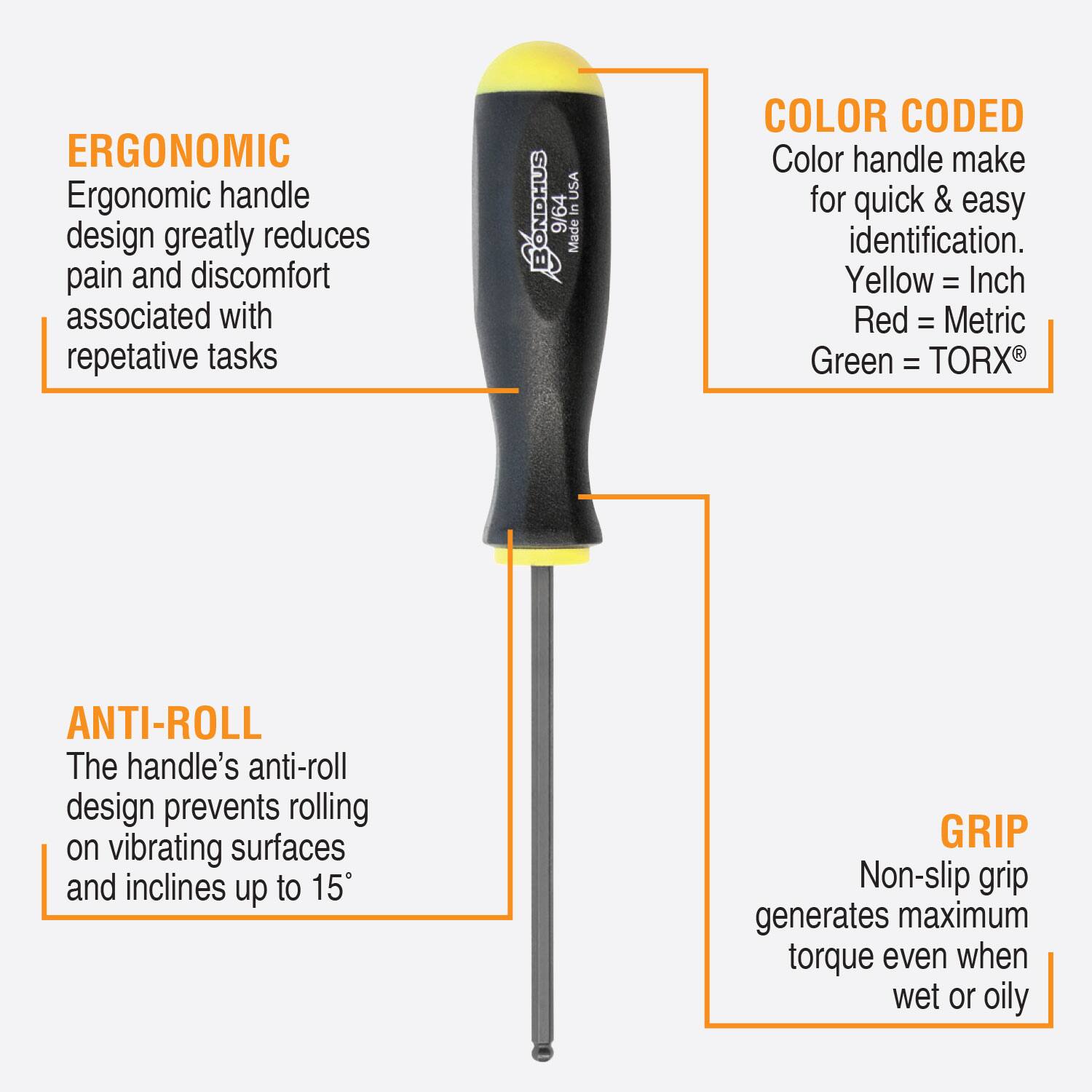 ERGONOMIC  
Ergonomic handle design greatly reduces pain and discomfort associated with repetitive tasks

USA BONDHUS 9/64 In Made

COLOR CODED  
Color handle make for quick & easy identification.  
Yellow = Inch  
Red = Metric  
Green = TORX

ANTI-ROLL  
The handle's anti-roll design prevents rolling on vibrating surfaces and inclines up to 15°

GRIP  
Non-slip grip generates maximum torque even when wet or oily