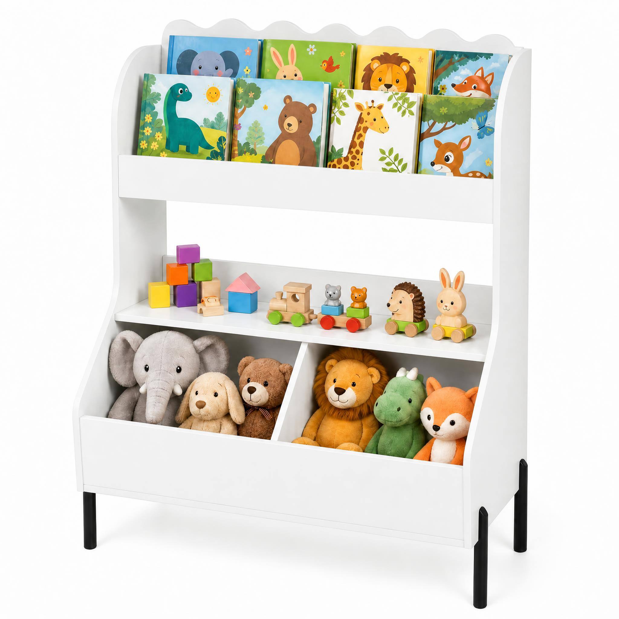 Alt View 1. Costway - Costway Kids Wooden Toy Storage Organizer Bookcase with 2 Bins Open Shelf - White.