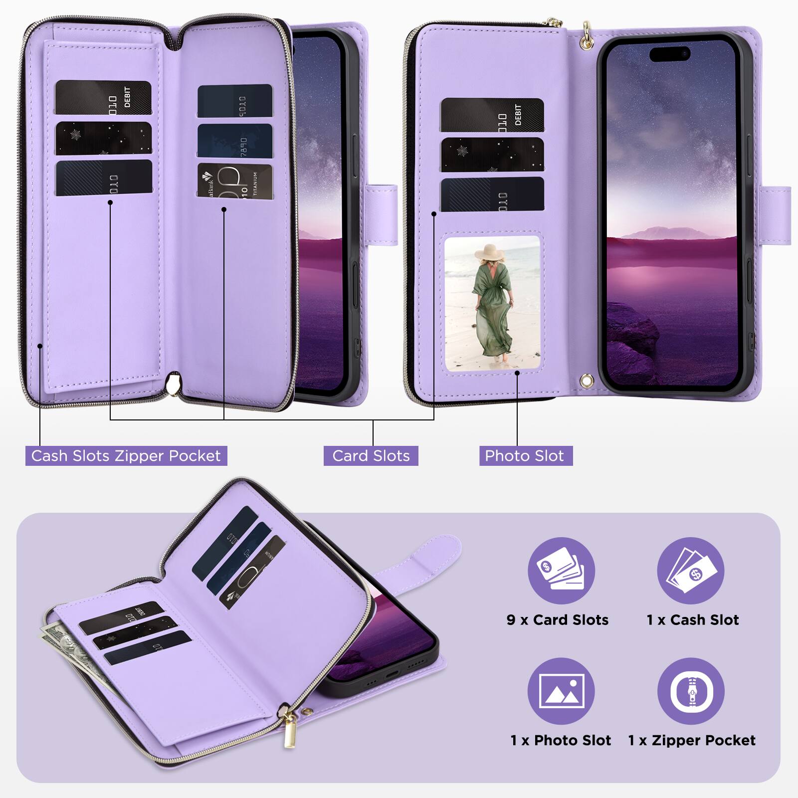OT0 OYO DEBIT I OTON 78 10 | 010 OO DEBIT

Cash Slots Zipper Pocket
Card Slots
Photo Slot

9 x Card Slots
1 x Cash Slot
1 x Photo Slot
1 x Zipper Pocket