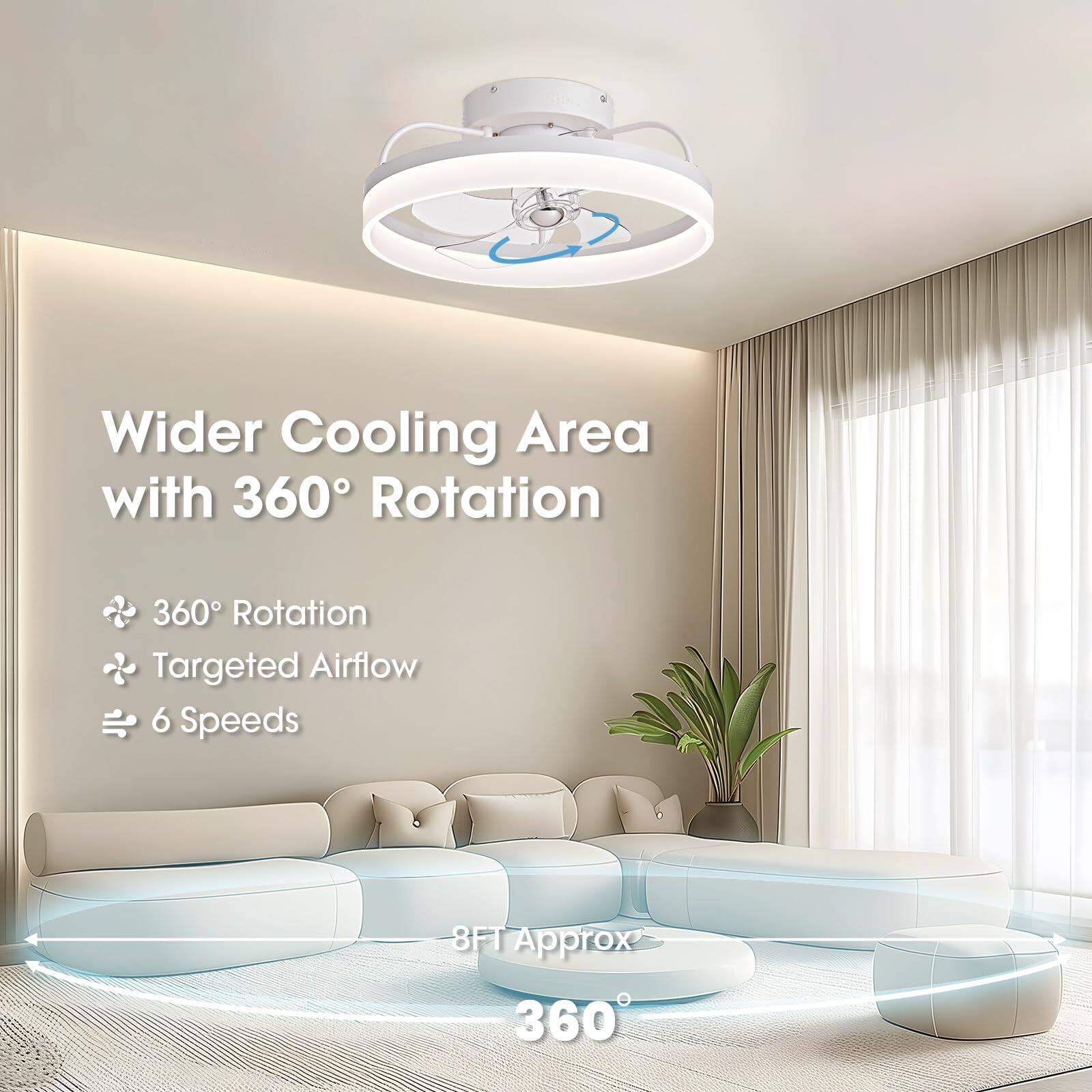 Wider Cooling Area with 360° Rotation

- 360° Rotation
- Targeted Airflow
- 6 Speeds

8FT Approx 360°