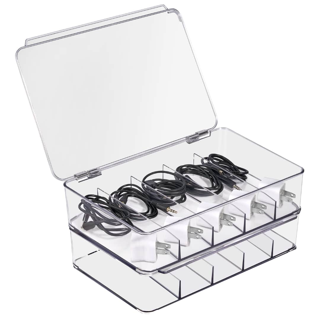 Sorbus - Clear Cable Organizer Storage Box – Durable Plastic Wire Management Box with Hinged Lid For Chargers, Cords - Clear 2 Pack