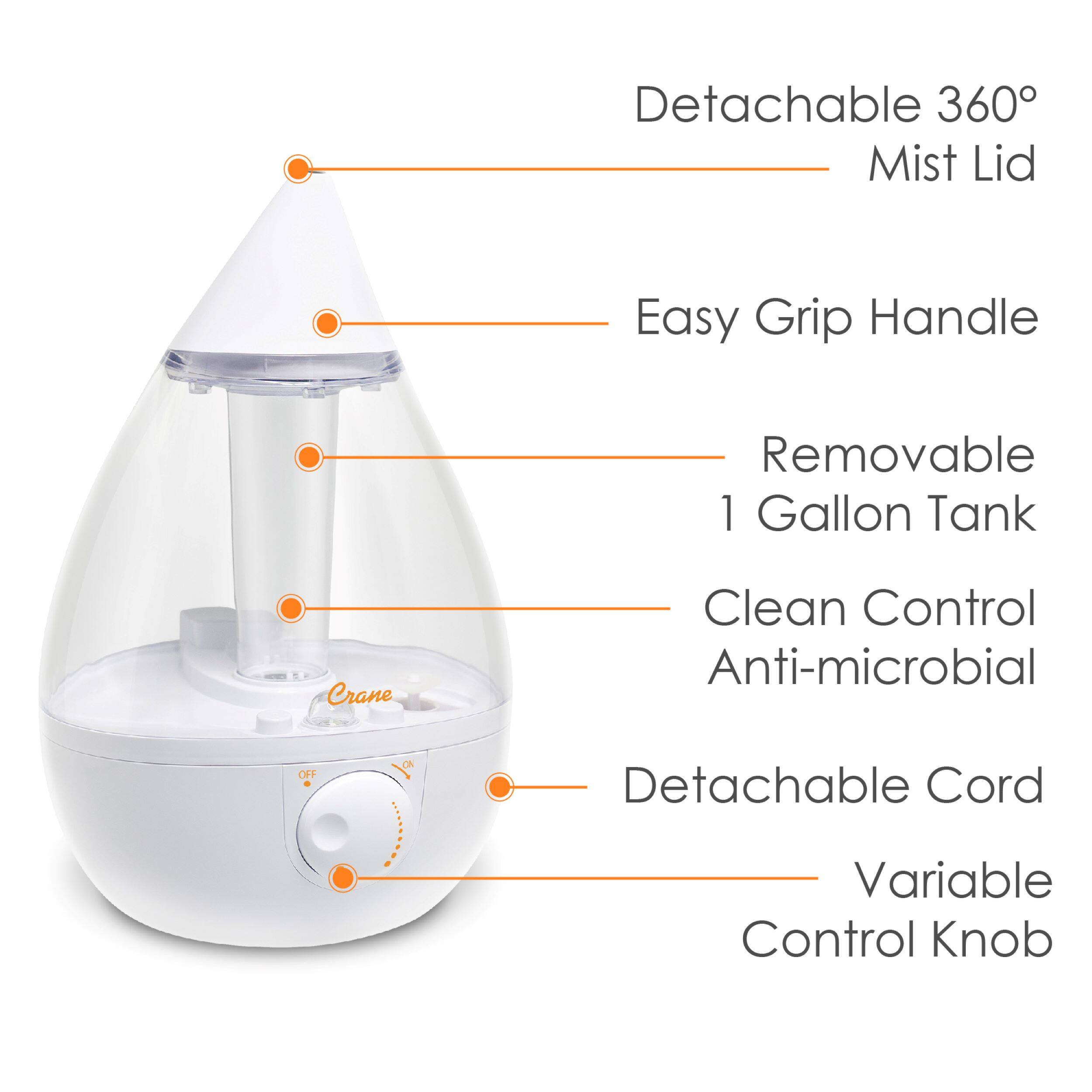 Left. CRANE - 1 Gal. Drop Ultrasonic Cool Mist Humidifier - Clear/White.