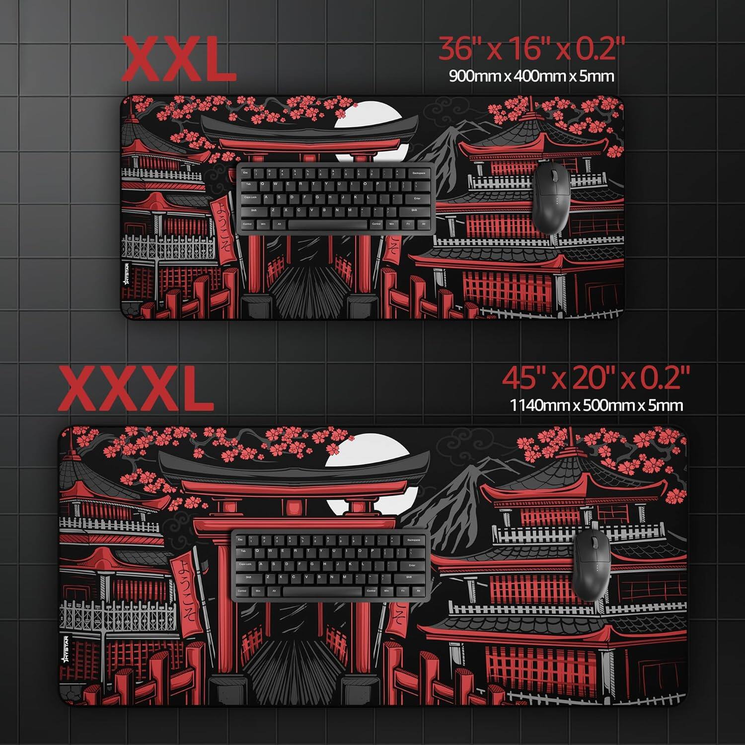 XXL  
36" x 16" x 0.2"  
900mm x 400mm x 5mm  

XXXL  
45" x 20" x 0.2"  
1140mm x 500mm x 5mm
